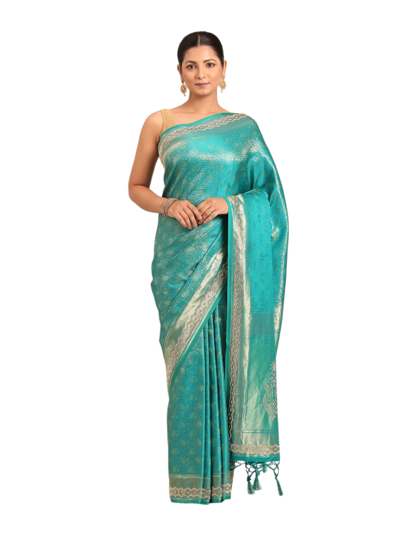 MOHEY Women's Art Silk Embroidered|Zari Weave Saree (Rama Green)