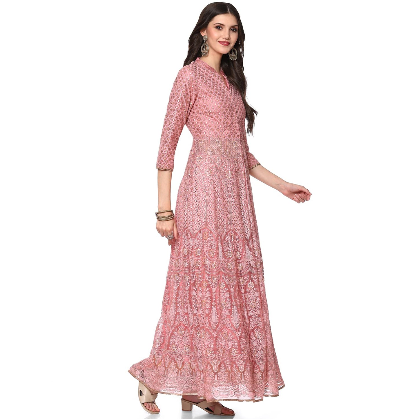 BIBA WOMEN EMBROIDERY FLARED SALWAR KURTA DUPATTA(SKD6463_DSKY PINK_32)