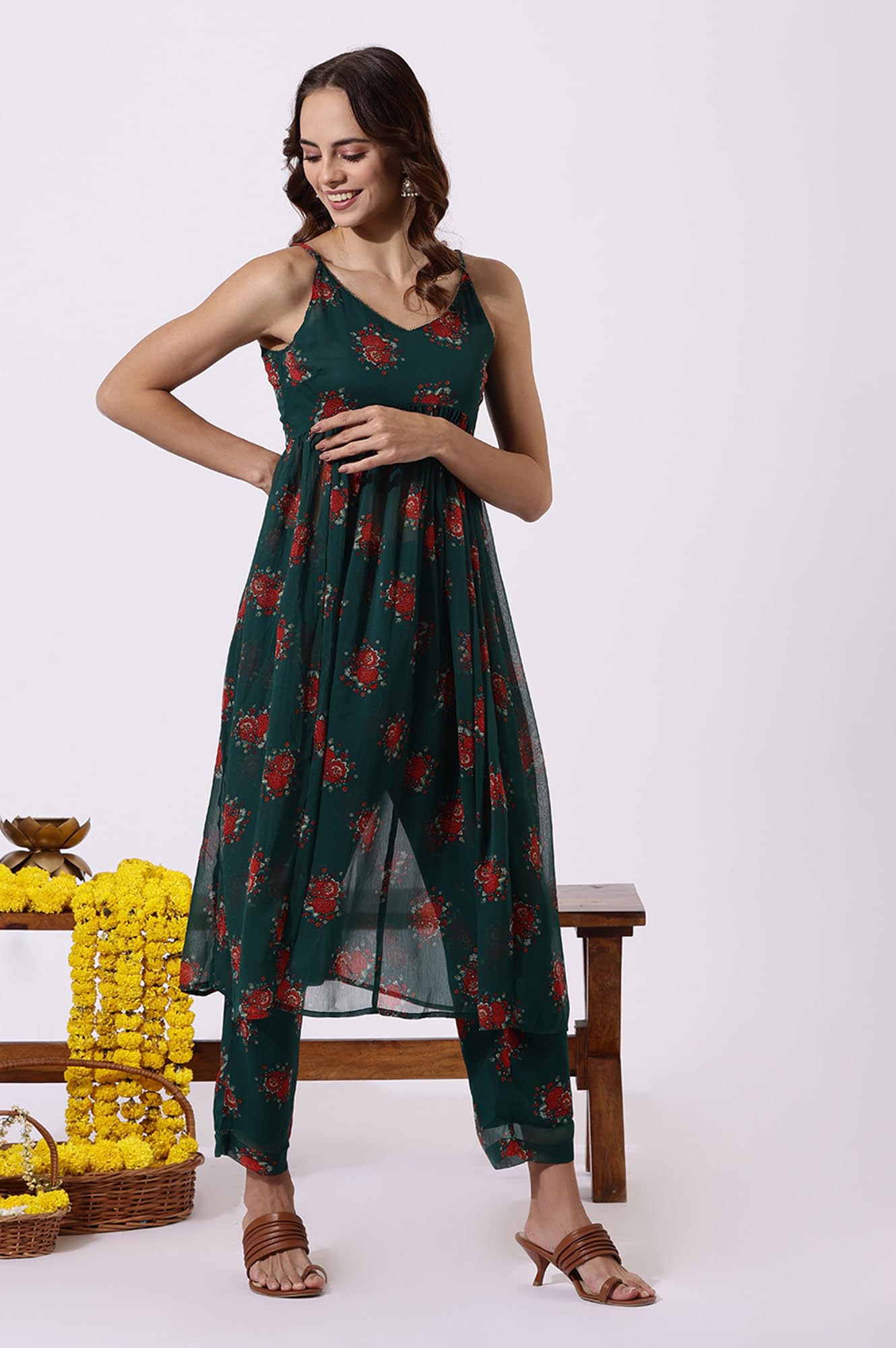 W Green Floral Printed A-line Kurta, Straight Pant & Dupatta for Women (Size: XL)-24AUWS12586-125012