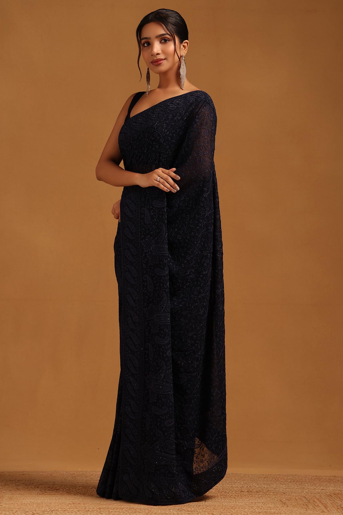 Soch Womens Navy Blue Georgette Botanical Saree With Stone Work