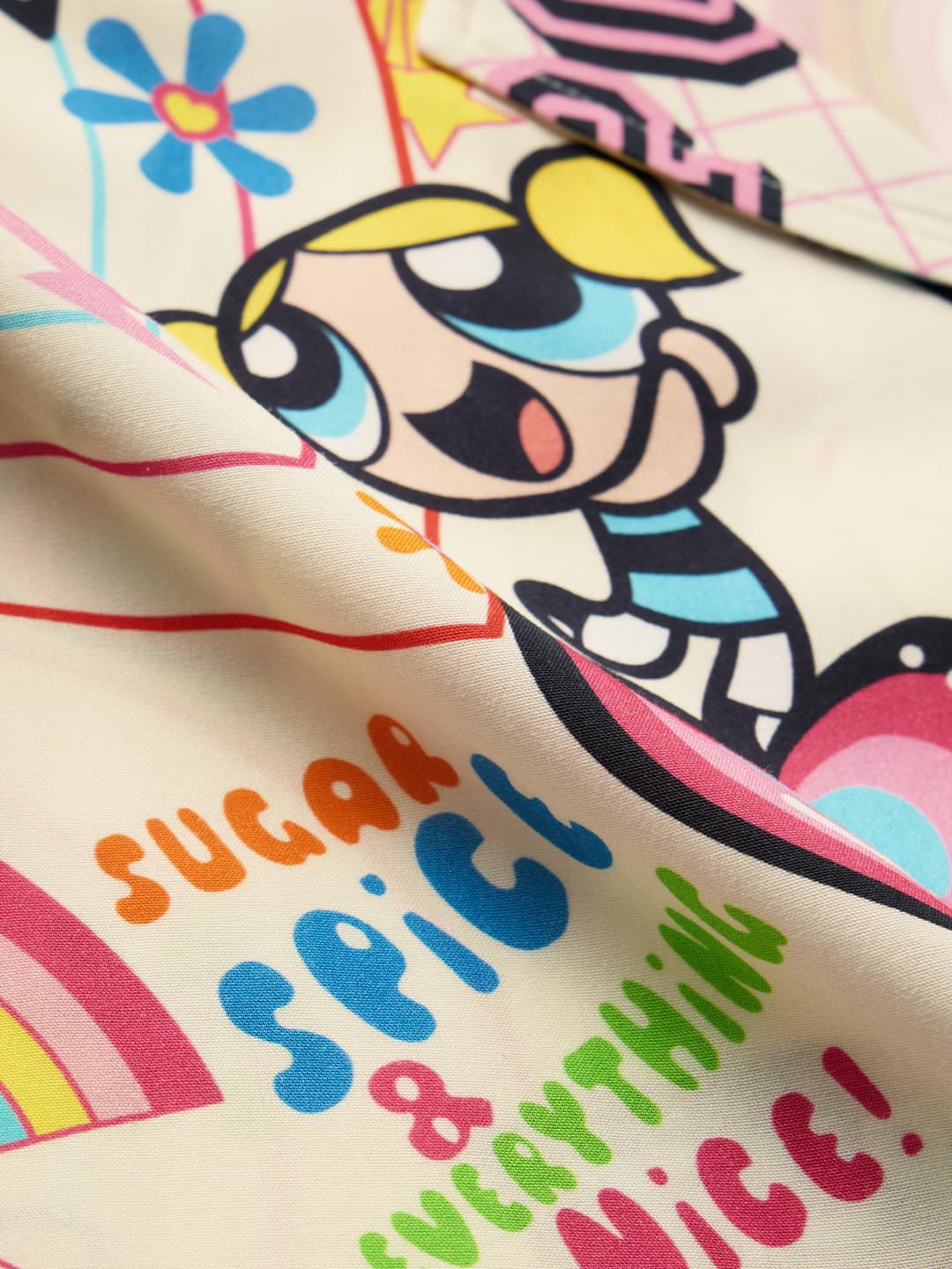 The Souled Store Official Powerpuff Girls: Sugar & Spice Women and Girls Short Sleeve Collared Neck Button Front Multicolor All Over Print Regular Fit Rayon Summer Shirts