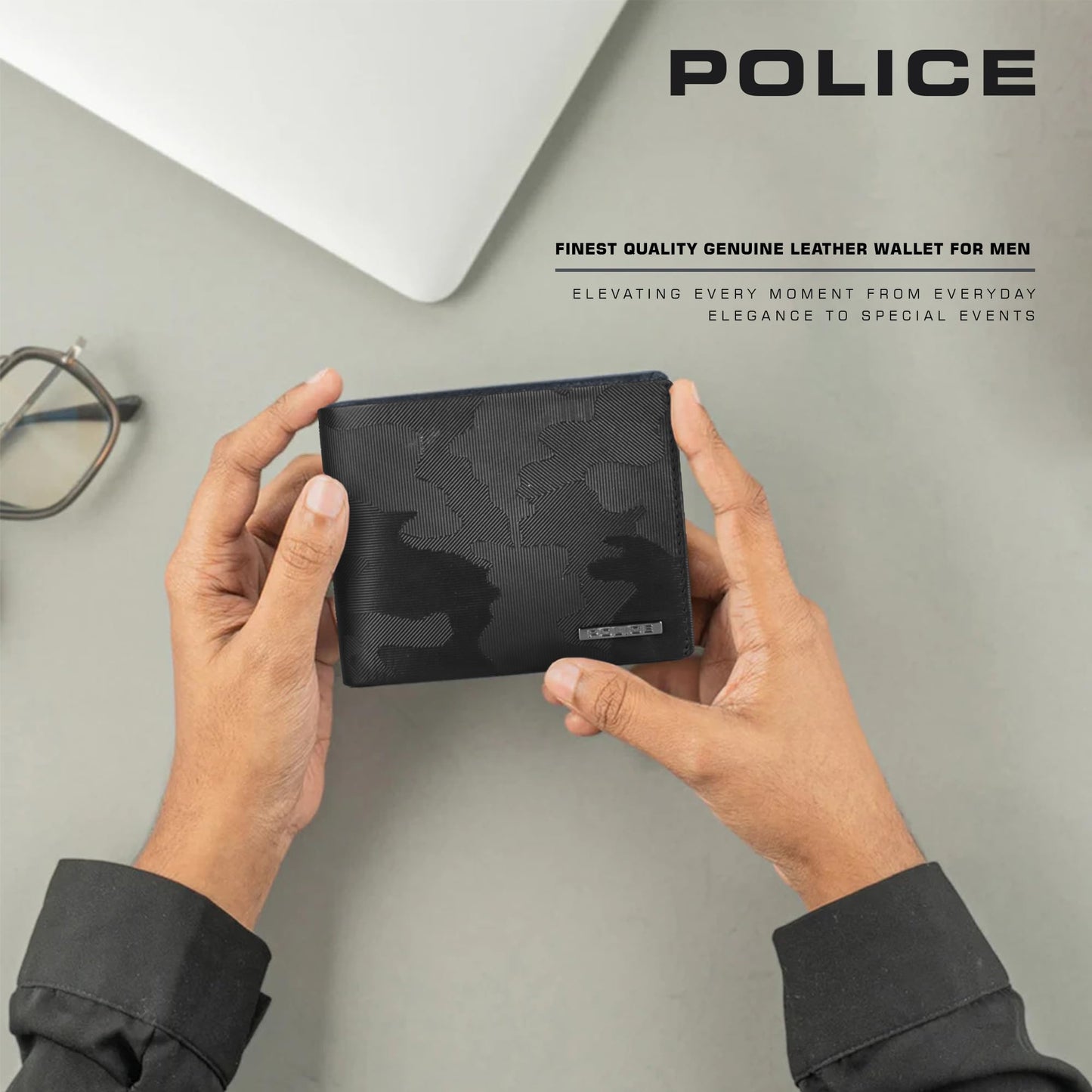 Police Men's Genuine Camou Leather Slim Wallet | 8 Card Slots with 2 Currency Compartments | Elegant, Durable & Functional | Ideal for Everyday Use & Gifting I Jet Black