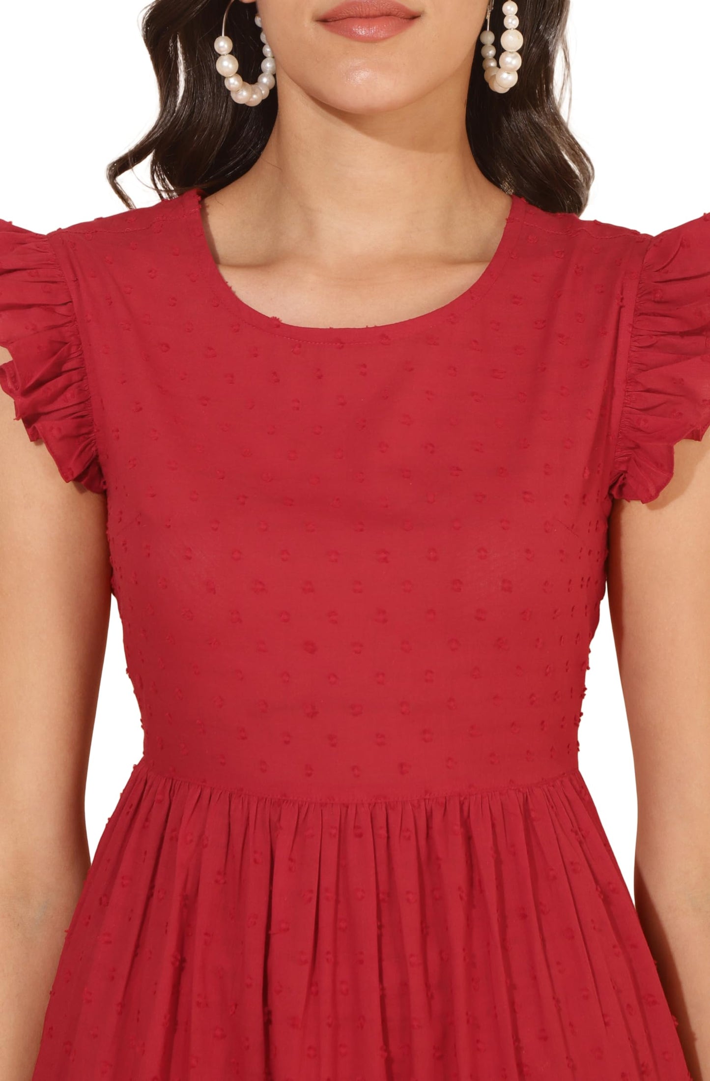 Janasya Women's Red Cotton Dobby Solid Tiered Dress(JNE4371-DR-M)