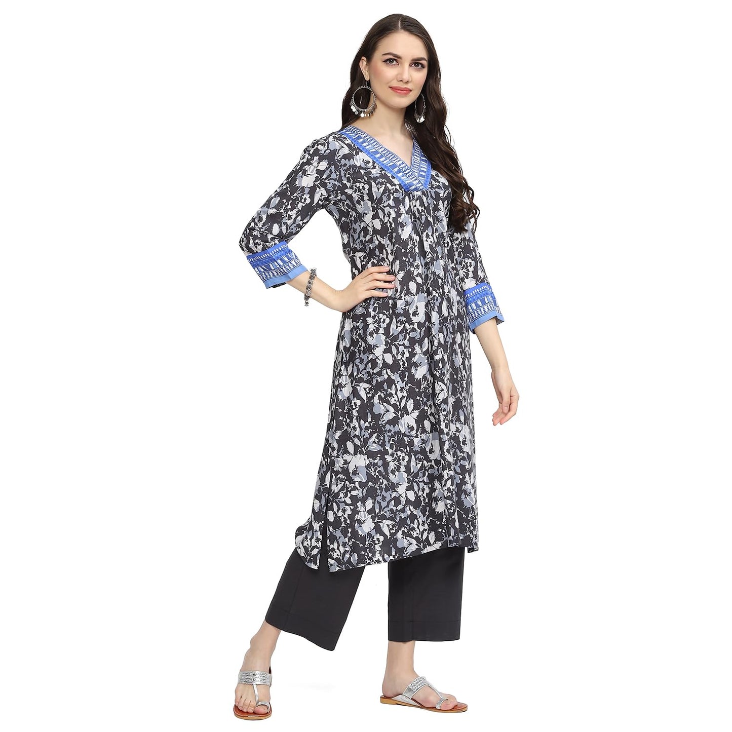 BIBA Women Rayon Printed Straight Salwar Kurta Dupatta(Skdassorted8948_Charcoal_38)