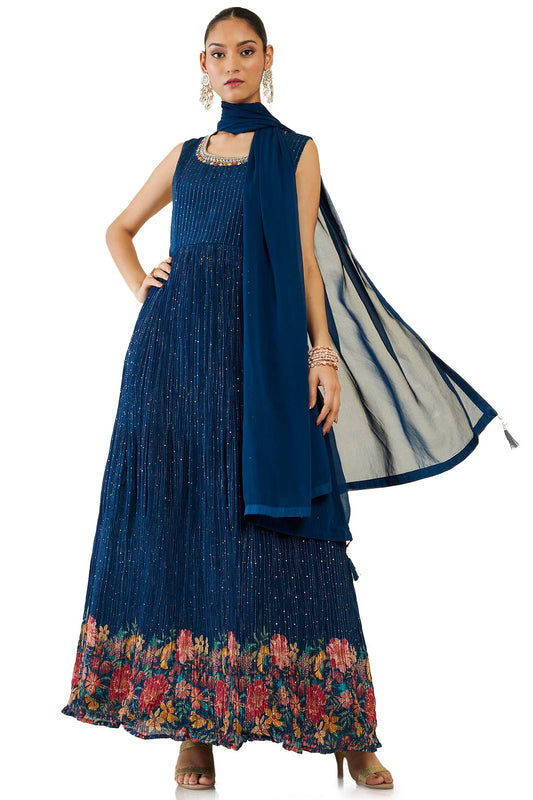 Soch Women Dark Blue Georgette Embroidered Gown (Dark Blue_XL)