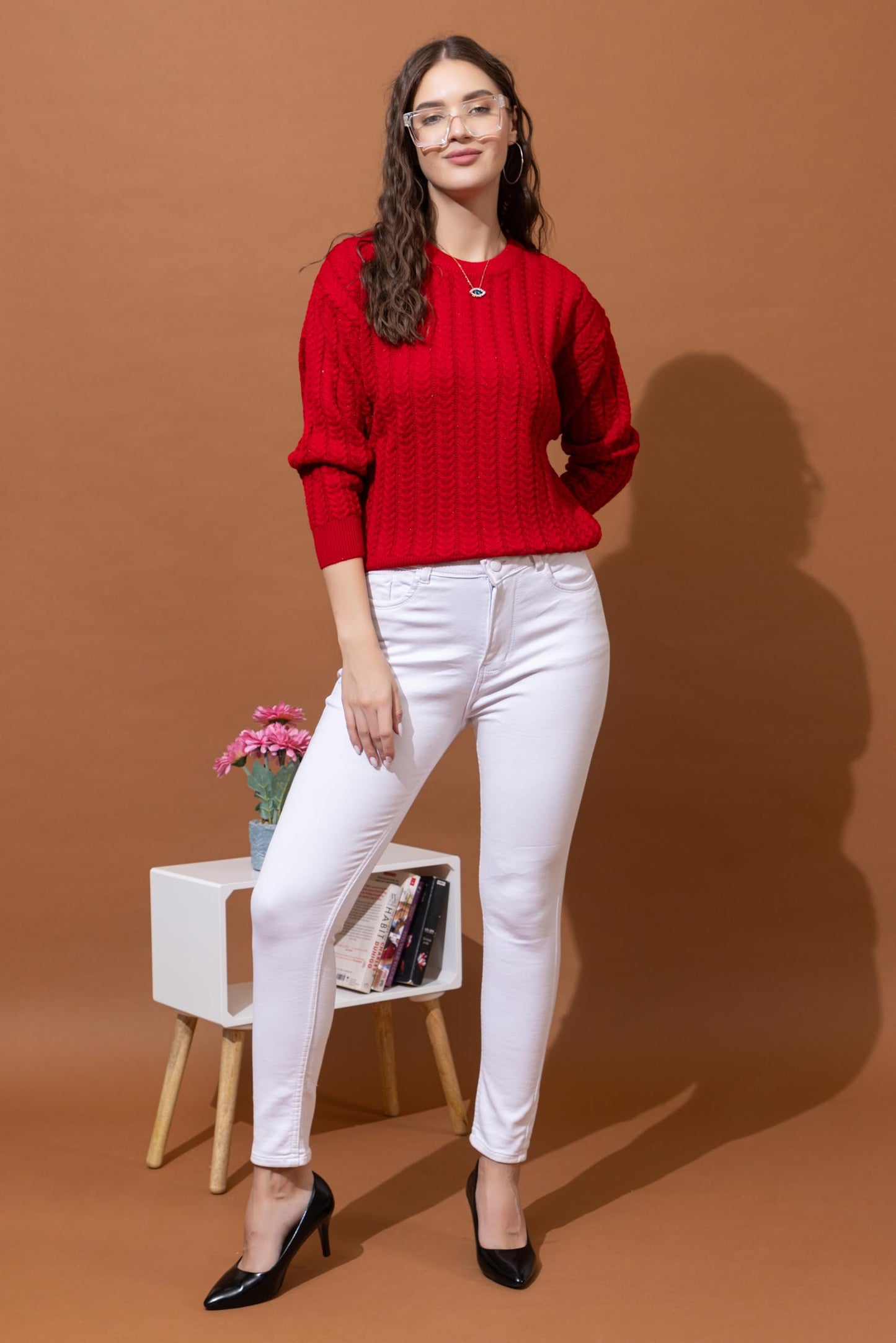 Style Dusk Women's Full Sleeves Round Neck Cable Design Pure Woolen Pullover Sweater for Winter Season (in, Alpha, 2XL, Red)