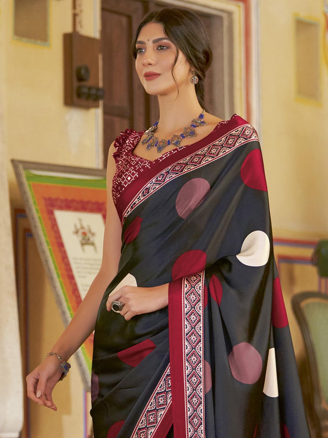 SAREE MALL Women's Ajrkh Print Satin Crepe Polka Dot Printed Saree With Unstitched Blouse Piece(Black_MOHAR101B_HS)