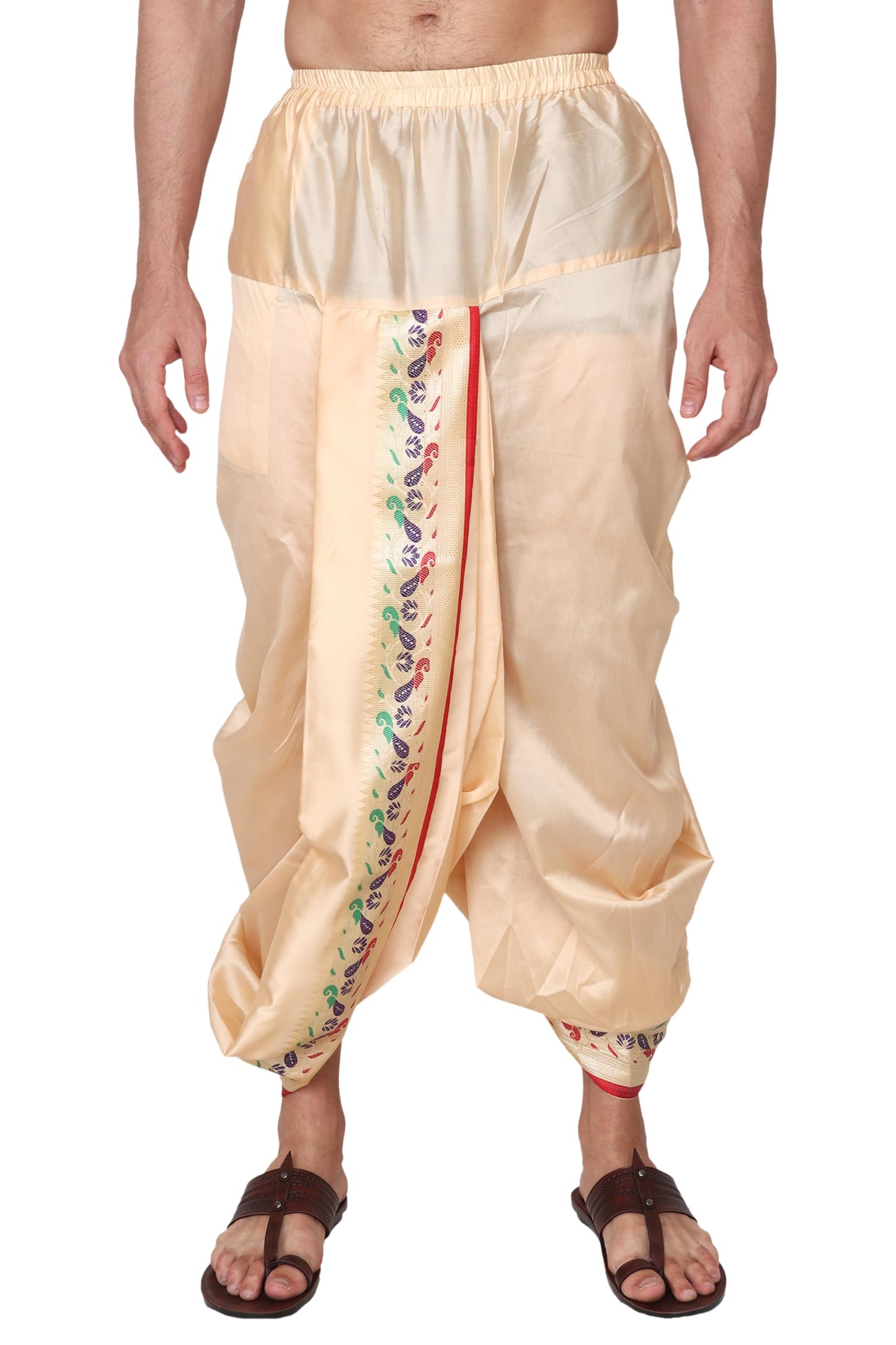 Rameshwaram Fabrics Men's Indian Traditional Wedding Dress, Readymade Dhoti with Sherwani Style Kurta - Stole (XL-Extra Large-42, Gold-Gold)
