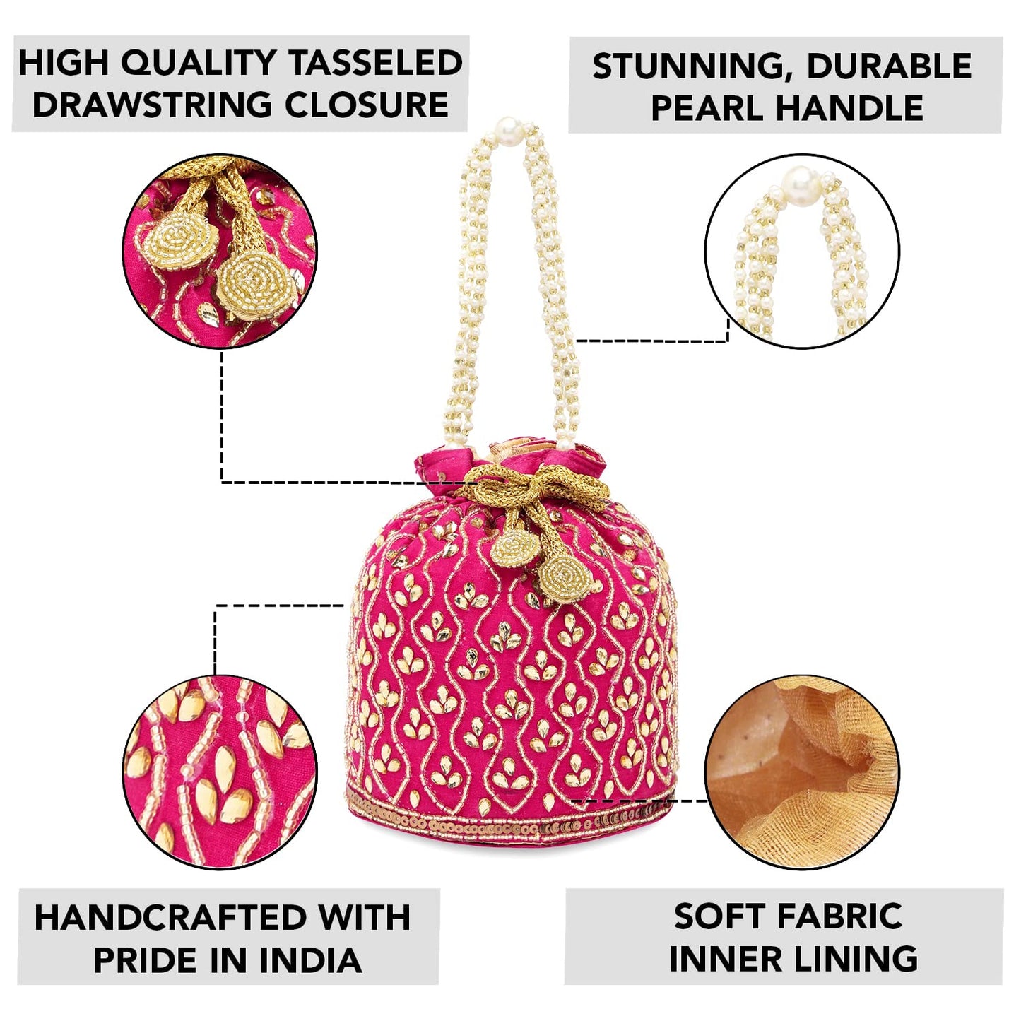 Peora Rani Pink Potli Bags for Women Evening Bag Clutch Ethnic Bride Purse with Drawstring(P88RP)