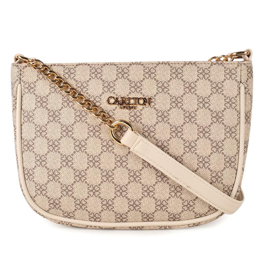 Carlton London Women's Beige Signature Crossbody Bag with Gold Chain Strap