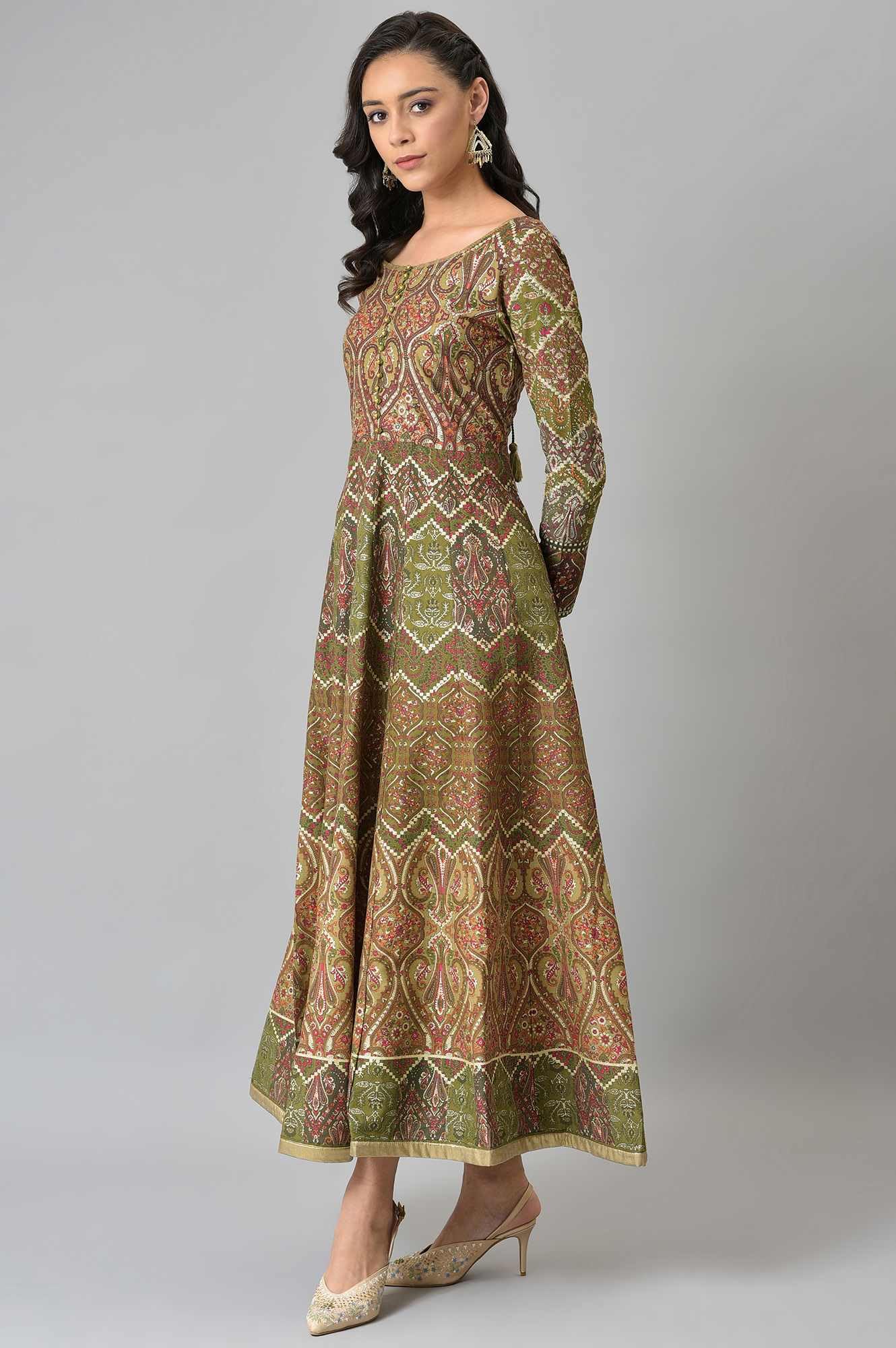 W for Woman Women's Viscose Olive Green Glitter Print Dress Ankle Length 22FEW12494-119009_Red