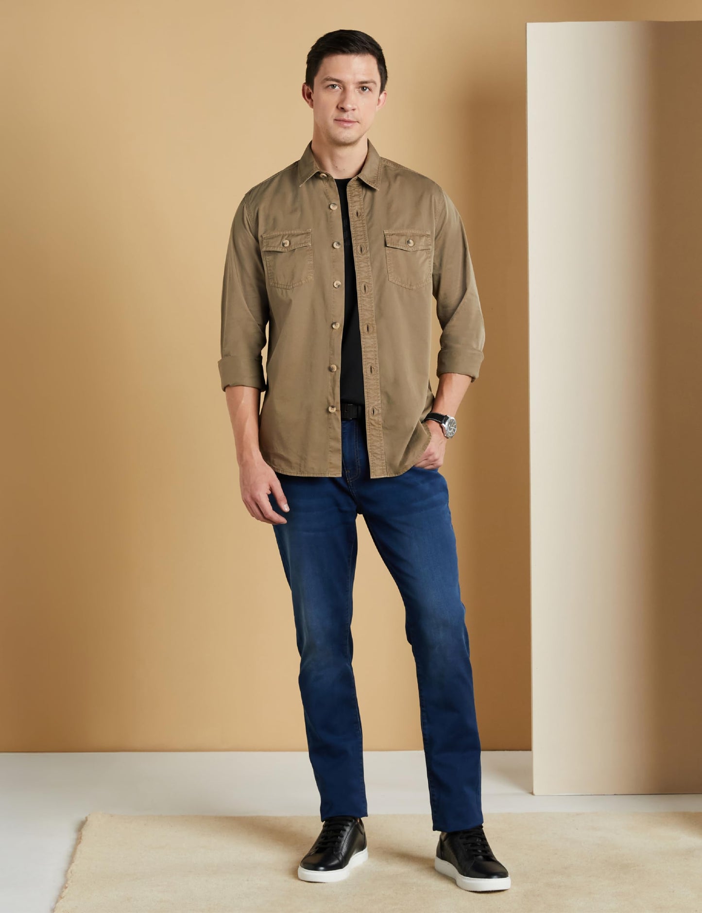 Symbol Premium Men's Casual Washed Cotton Twill Shirt (Regular Fit) (Khaki_L)