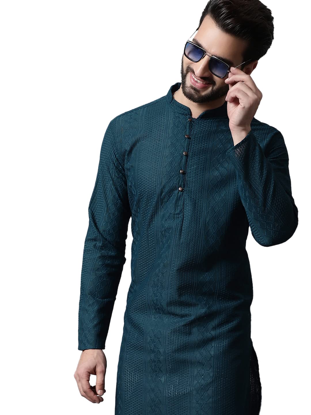 Jompers Men Teal Blue Embroidered Pure Cotton Kurta with Pyjamas (Teal, L)