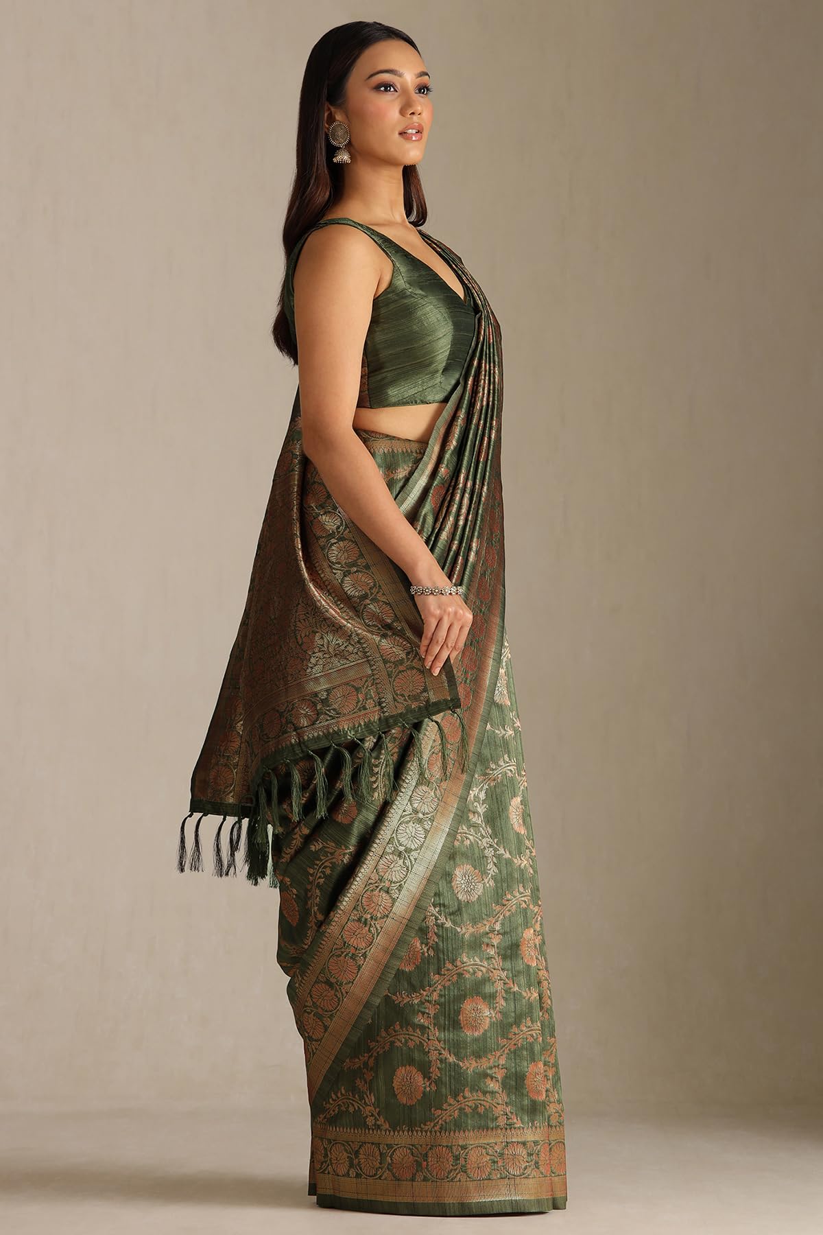 Soch Womens Tussar Floral Print Saree With Zari Woven