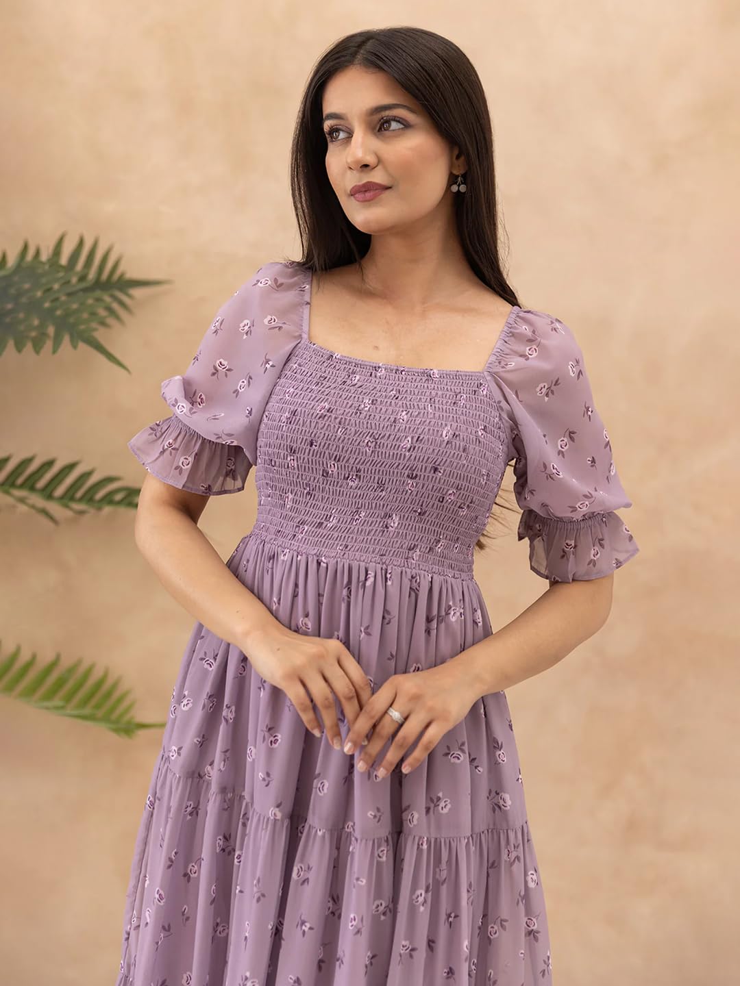 KZULLY | Dress for Women | Midi Length | Flared Hem | Puff Sleeve | Square Neck | Smocked Bodice