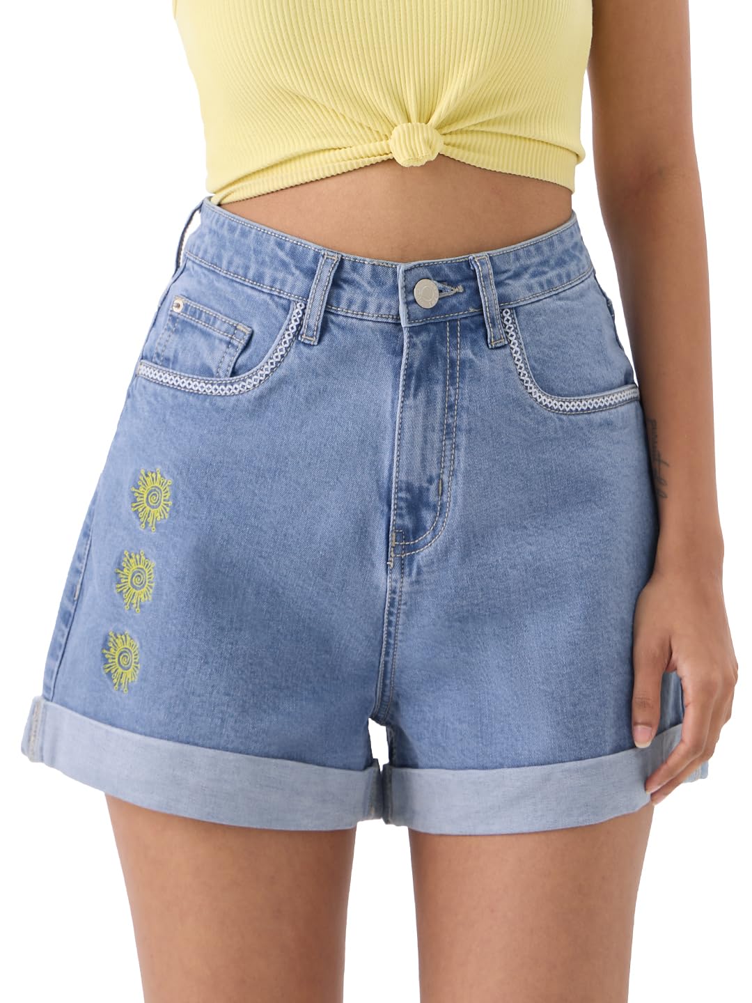 The Souled Store Denim: Mimosa Women and Girls Graphic Print Denim Shorts