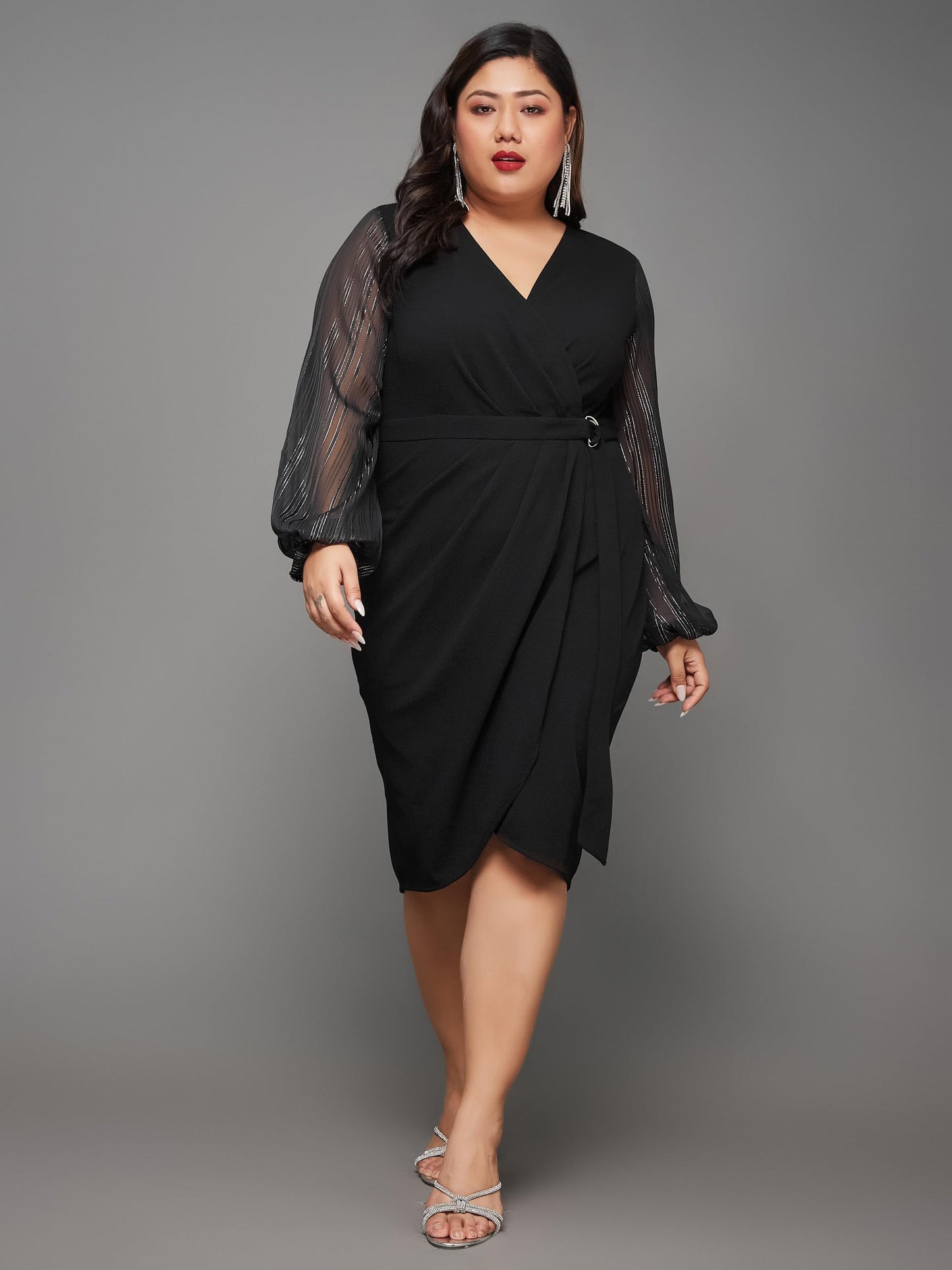 Miss Chase A+ Women's V Neck Bishop Sleeves Front Pocketed Polyester Wrap Knee-Length Dress (APSS23D16-41-62-09, Black, 4XL)