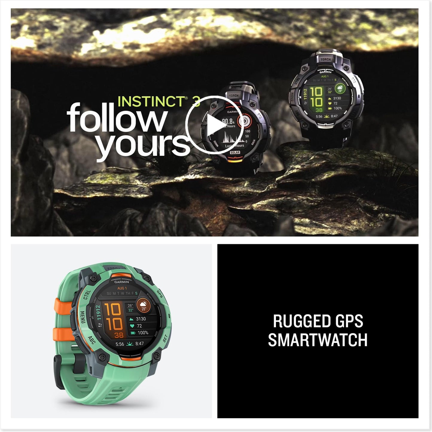 Garmin Instinct® 3 45mm, AMOLED Display, Rugged Outdoor GPS Smartwatch, Metal-Reinforced Bezel, Built-in Flashlight, Up to 18 Days of Battery Life, Neo Tropic