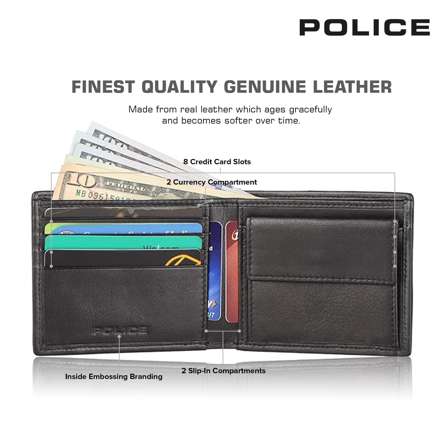 Police Branded Wallet for Men Original Leather | Premium Slim Wallet for Men Stylish Genuine Leather Gents Purse with 4 Card Holder Slots | 2 Slip-in Pockets | Ideal Diwali Gifts - Black