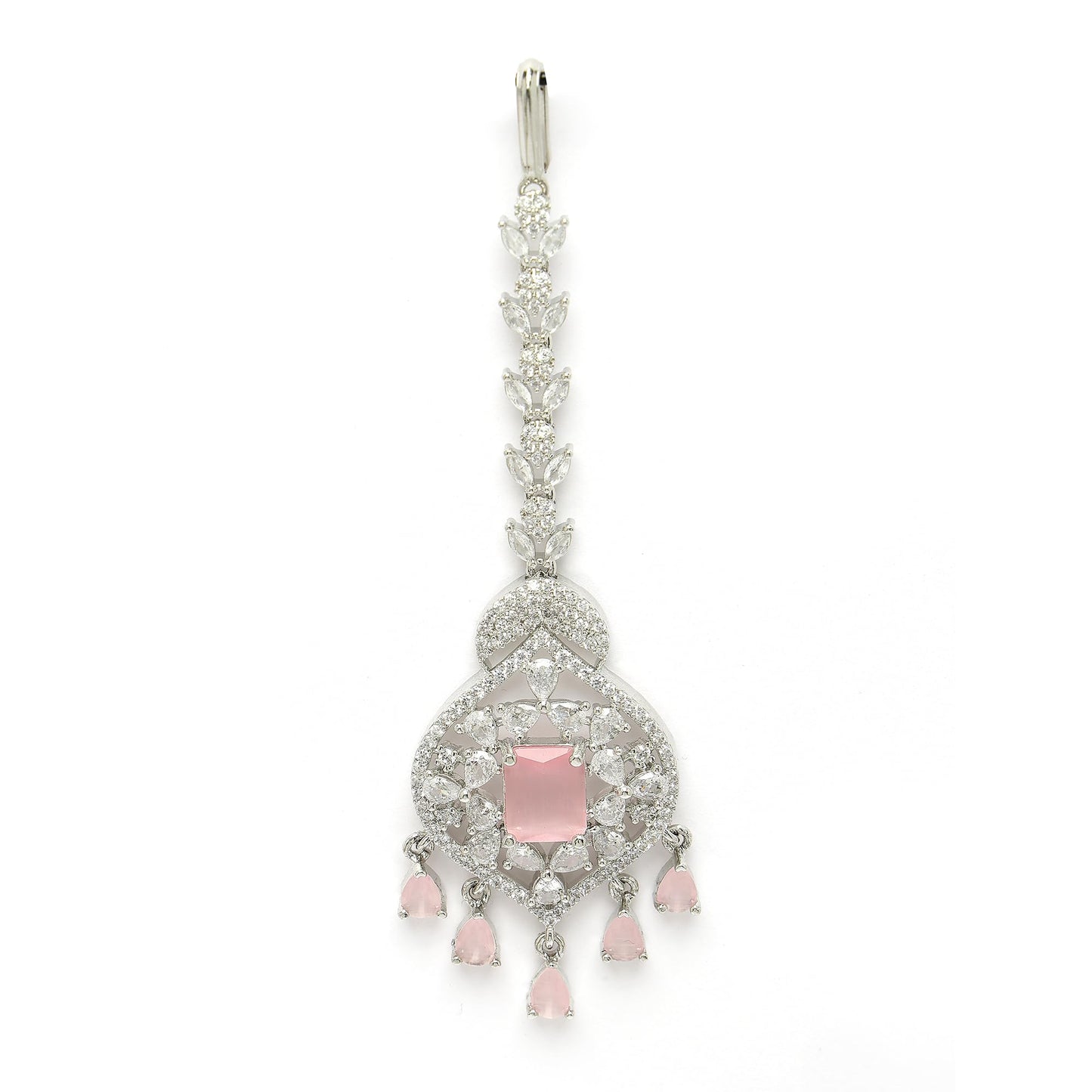 Zeneme Sparkling American Diamond Maang Tikka for Women | Elegant Floral Design Silver Plated Maang Tikka for Wedding - Traditional Head Jewellery for Women (Pink Moonbeam Charm Mangtika)