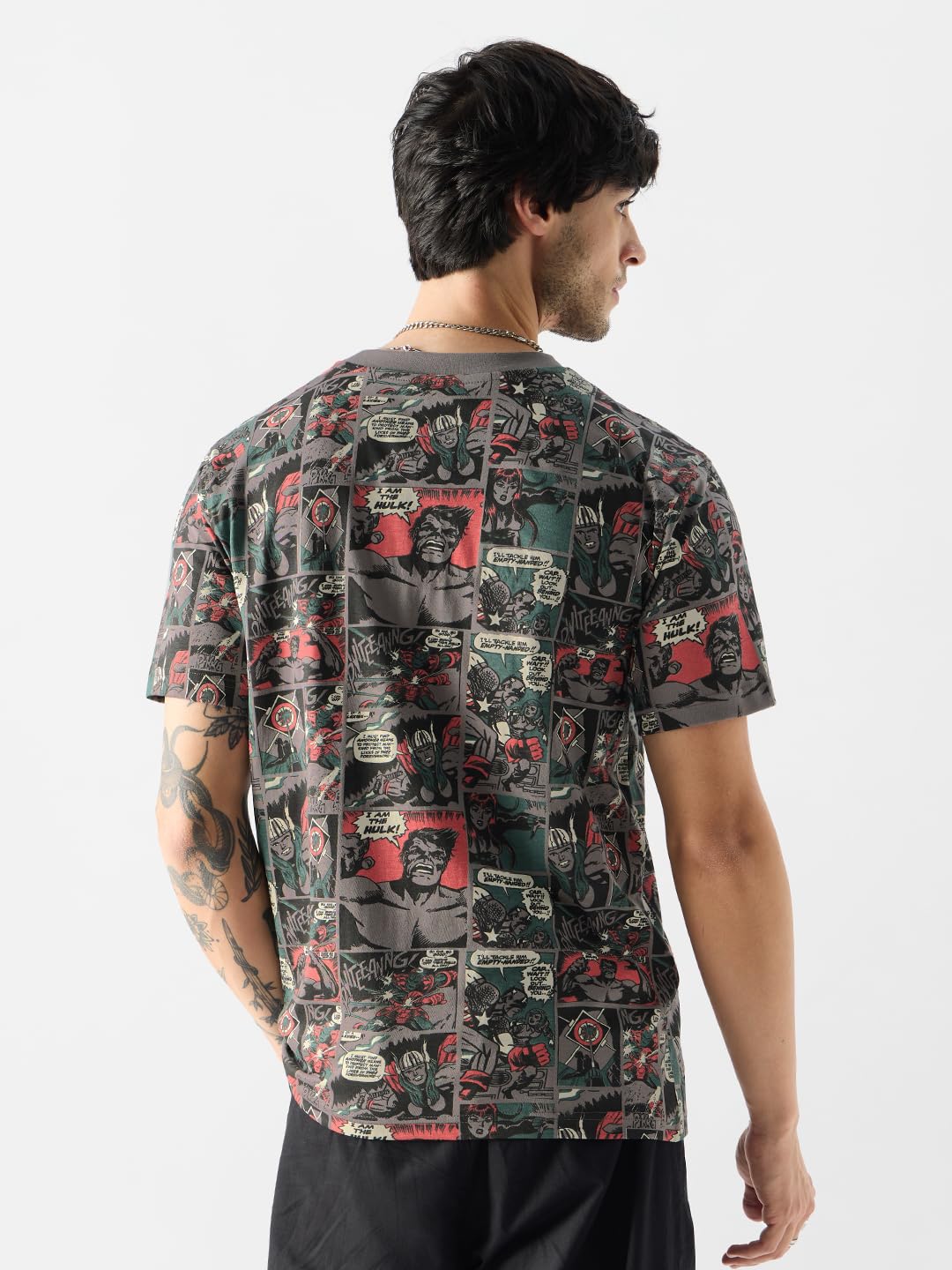 The Souled Store Official Marvel: Comic Nerd Men and Boys Short Sleeves Round Neck Grey All Over Printed Cotton T-Shirts