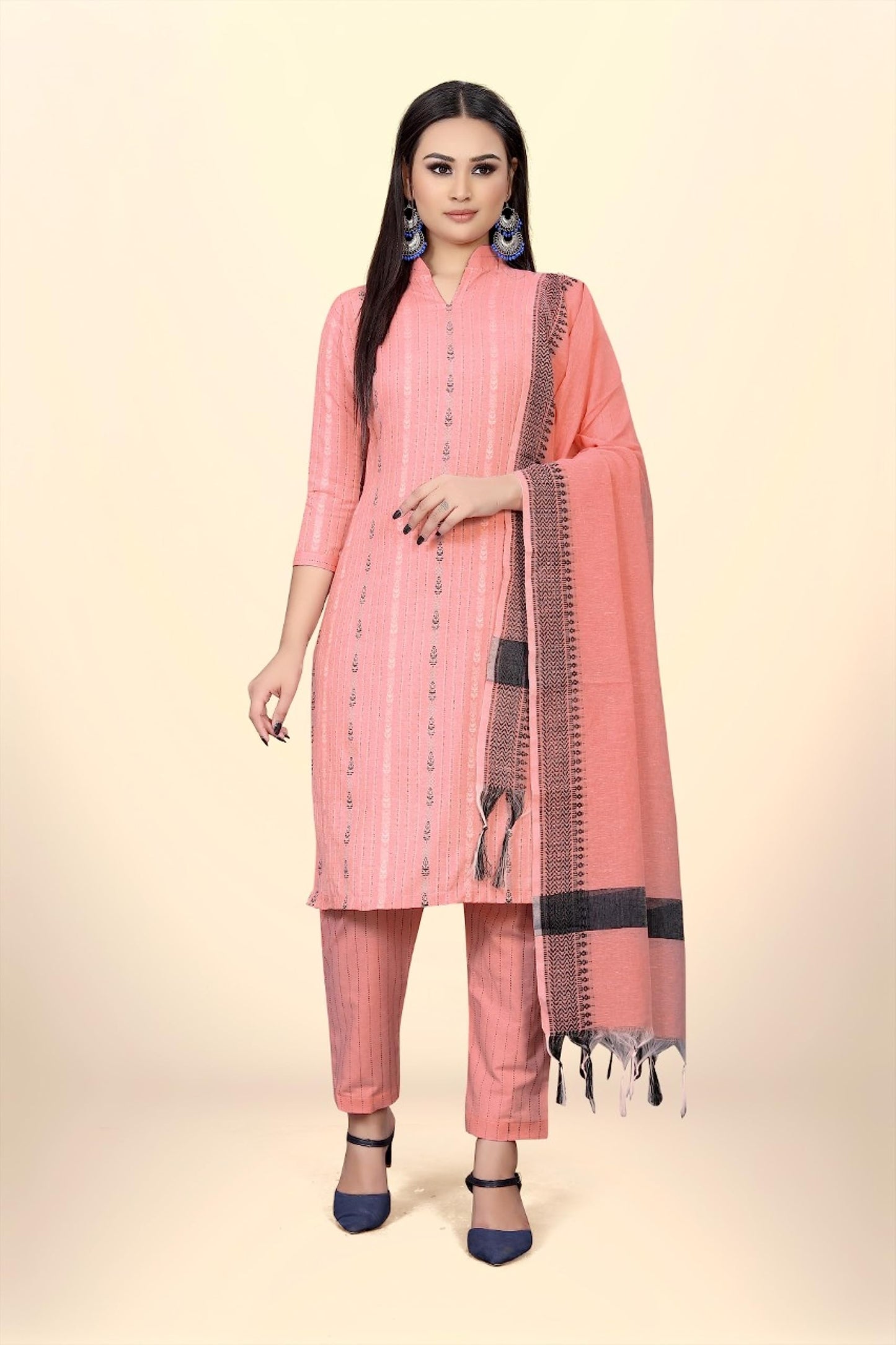 Pandadi Saree Women's Peach Cotton Jacquard Work Unstitched Salwar Suit Dress Material