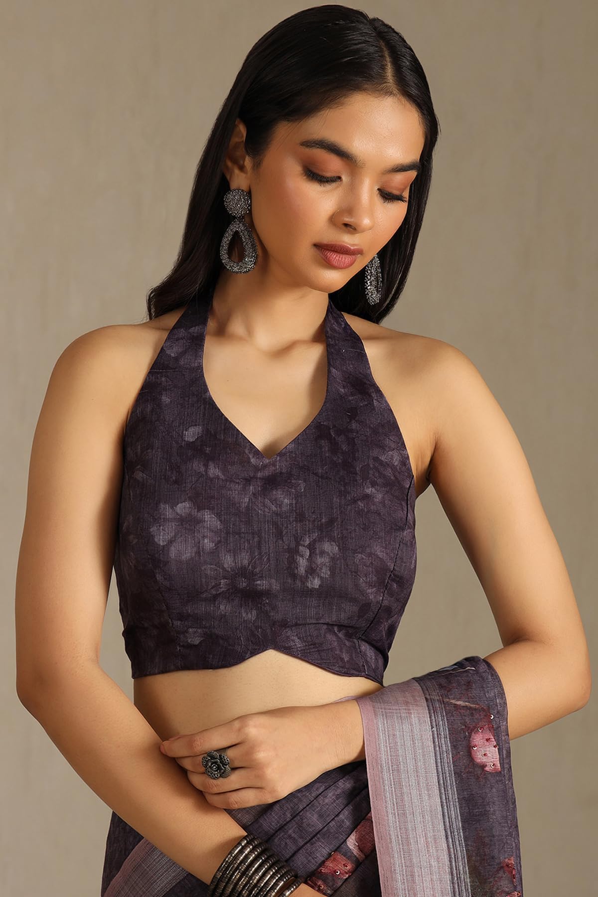 Soch Womens Wine Linen Floral Print Saree With Sequins