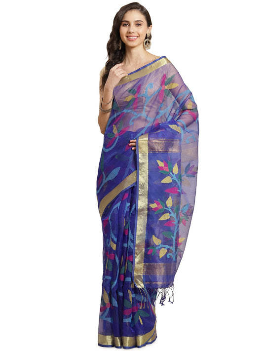 Aditri Women's Handloom Jamdani on Resham Silk Saree with Running Blouse (Multicolored)