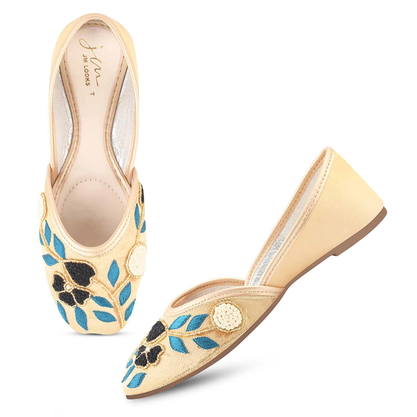 JM LOOKS Ethnic Jutti for Women Traditional Handmade Fulkari Jutti Slip-On Shoes Bellies for Women Wedding party Festival Occasion - Golden