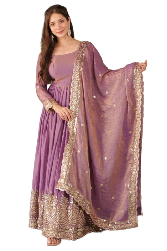 StyleSync Women Fandy Silk Anarkali kurta with Dupatta Embroidery Sequins Work Full Length Ethnic Wear for Festive Occasion (Mauve Purple, XXL)