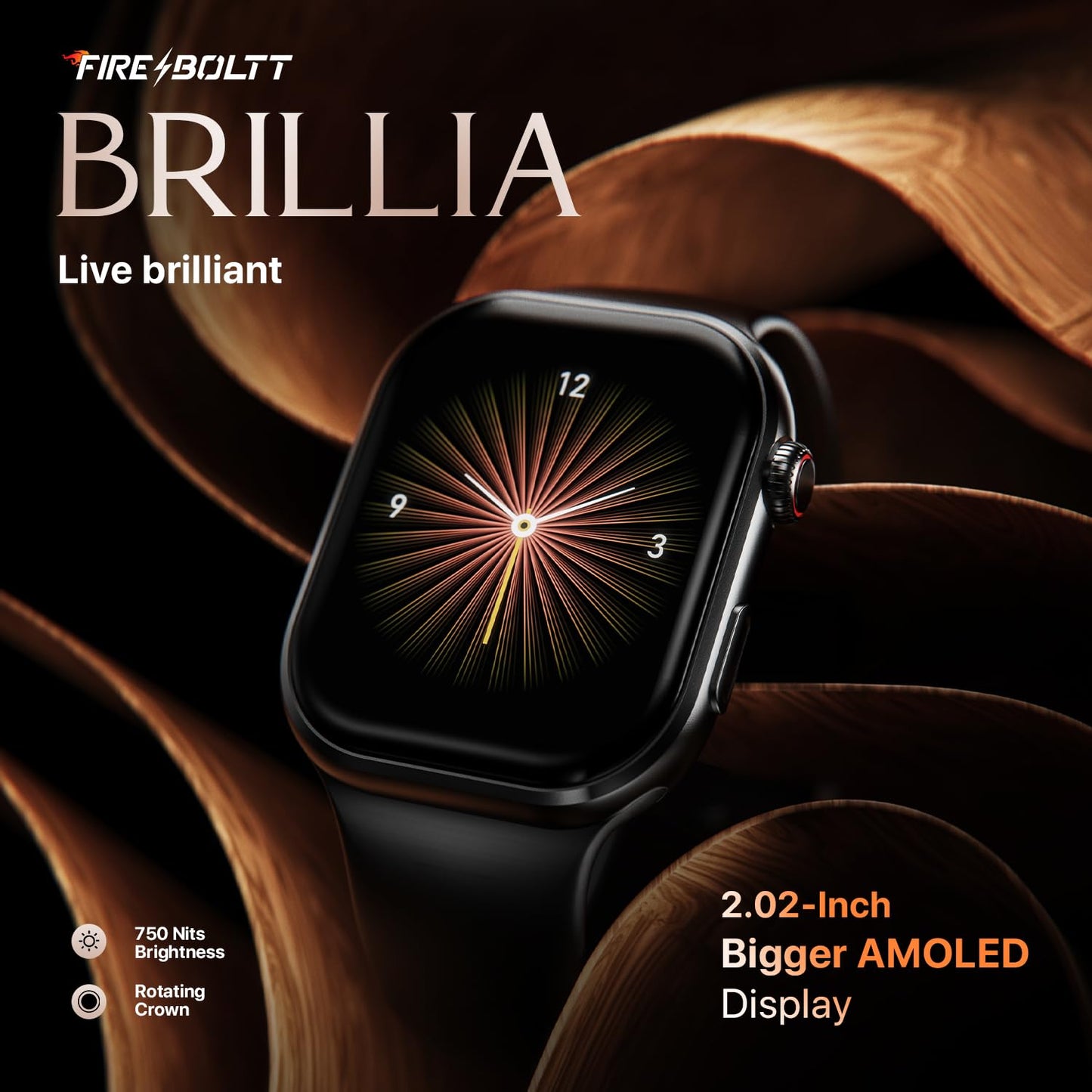 Fire-Boltt Brillia Smart Watch 2.02” Super AMOLED Display, Bluetooth Calling, SpO2, Heart Rate Monitor, 120+ Sports Modes, Fitness Tracker, Voice Assistant, Smart Watch for Man & Women– Black