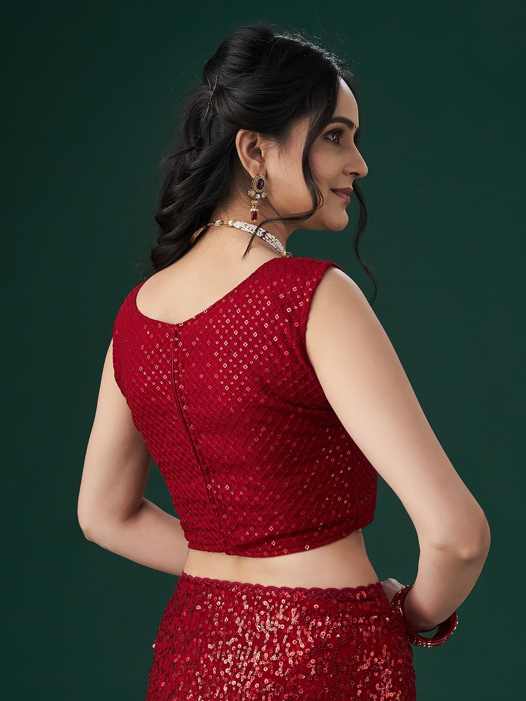 Kasee Women Embellished Sequinned Saree with Blouse Piece (Cherry)