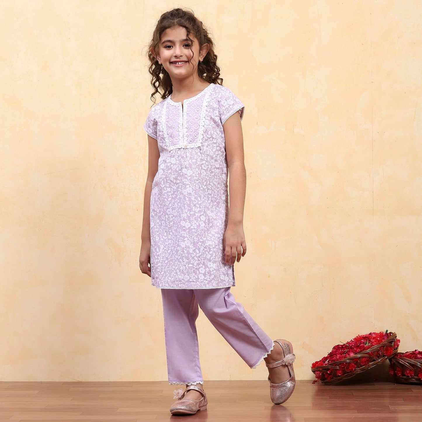 Biba Girl's Lavender Cotton Straight Printed Kurta Pants Set
