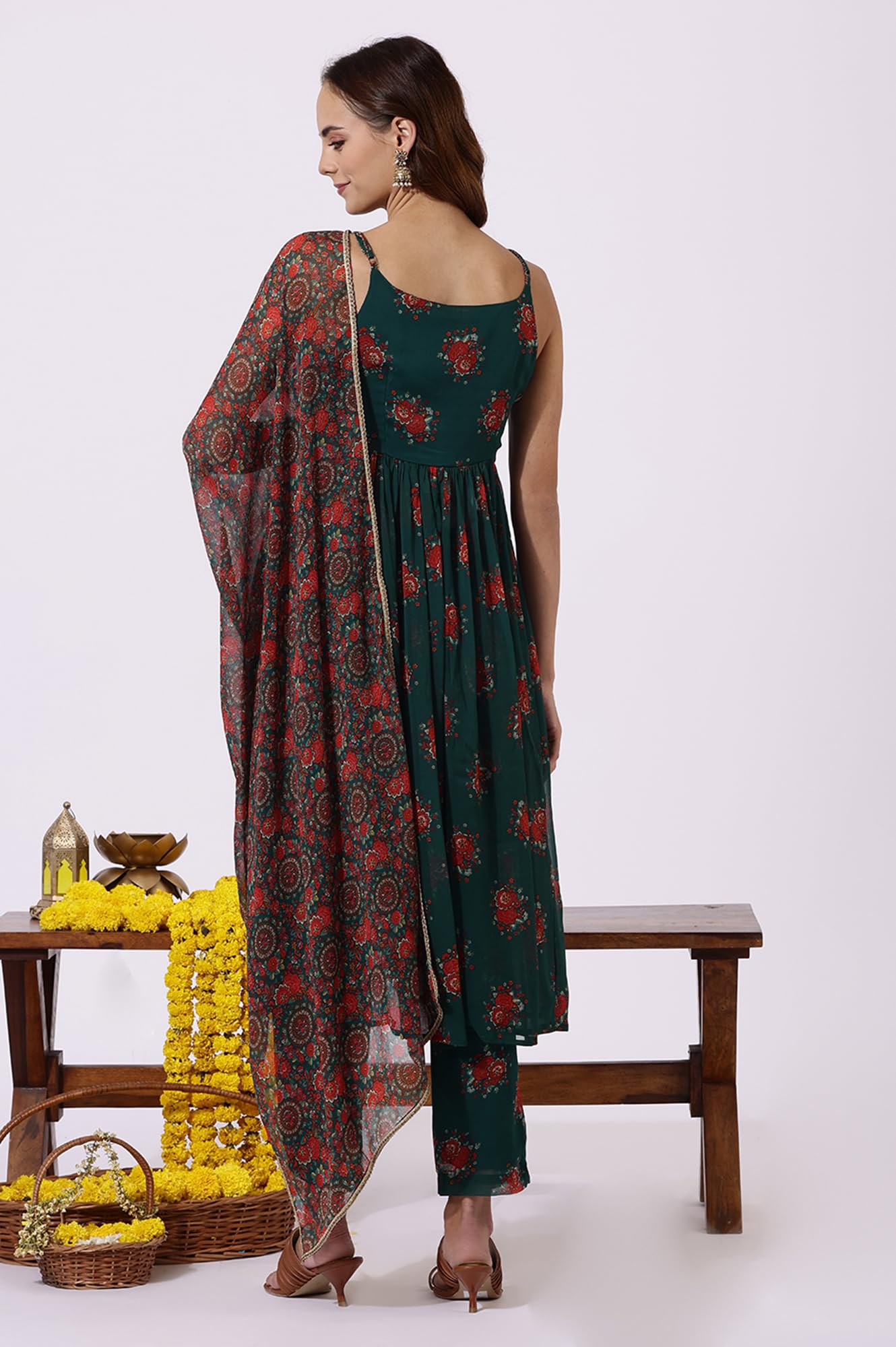 W Green Floral Printed A-line Kurta, Straight Pant & Dupatta for Women (Size: XL)-24AUWS12586-125012