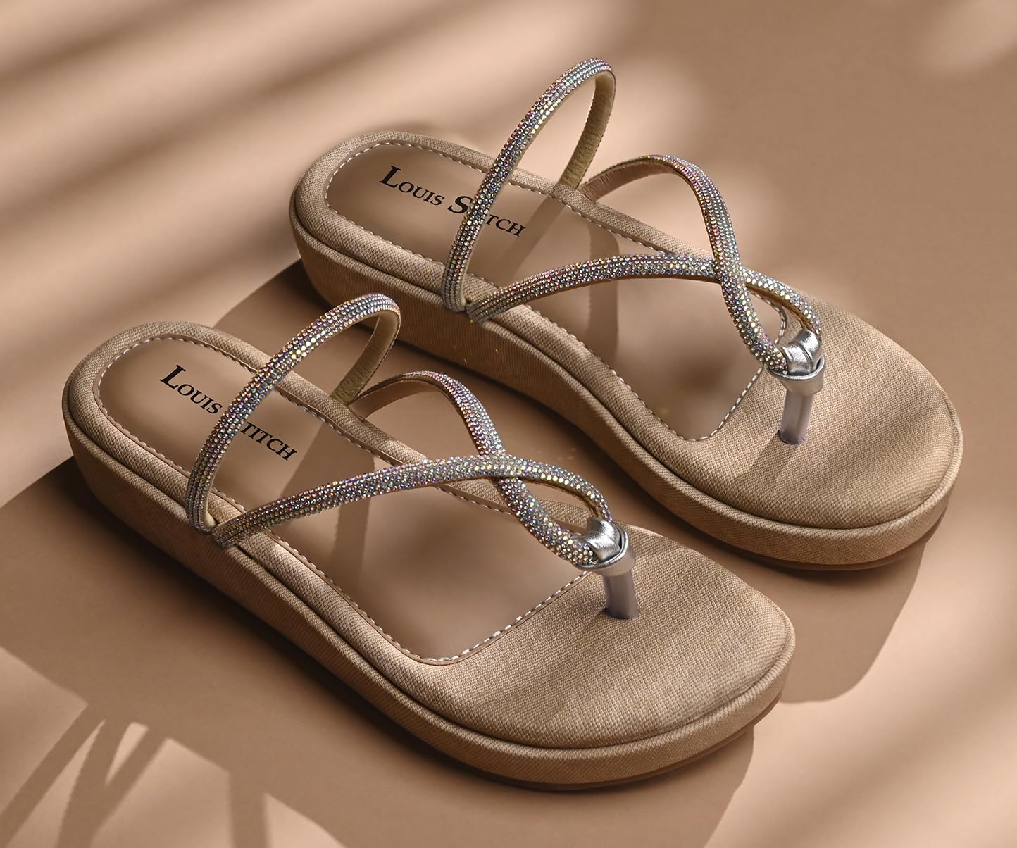 LOUIS STITCH Women’s Slip-On Platform Heel T-Strap Sandals | Open Toe Stylish Beige Wedge Heel Sandal for Ladies, Fashionable Sandal | LSOF-LDPS-GLCSBG