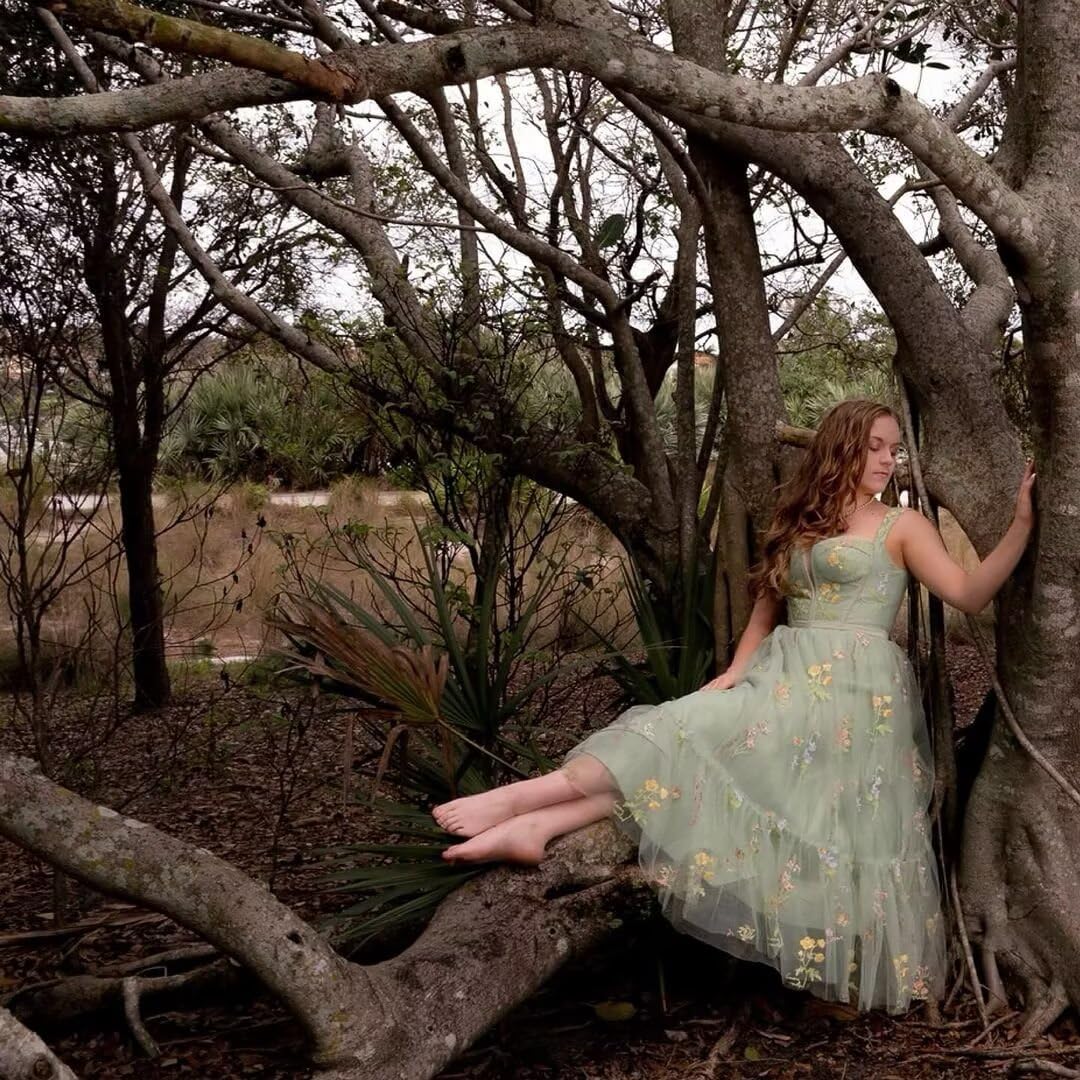 Fivsole Women's Midi Floral Prom Dresses Flower Embroidered Short Formal Tulle Evening Party Gown, Green-c, 6