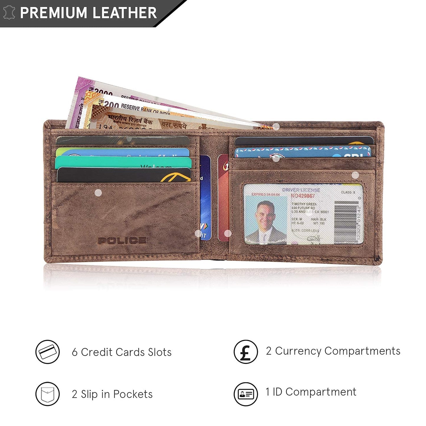 Police Infinity Men's Slim Wallet | Leather Purse with 6 Card Slot, 2 Currency Compartment, 2 Slip-in Pockets, 1 ID Compartment - Brown