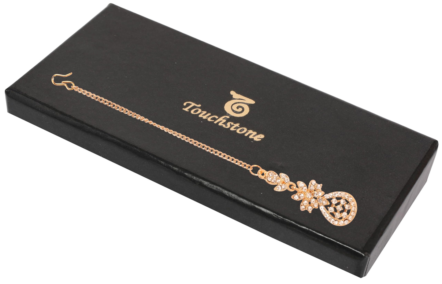 Touchstone Indian Bollywood Exemplary Floral Filigree Rhinestone Designer Jewelry Mangtika Head Accessory In Antique Gold Tone For Women.