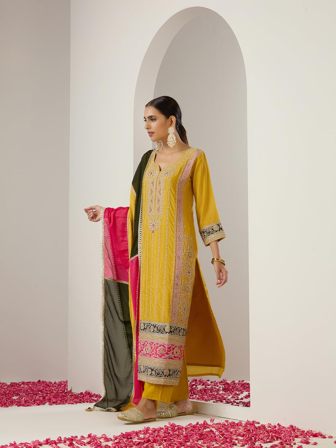 ishin Gold zari embroidered straight festive kurta with pants and dupatta