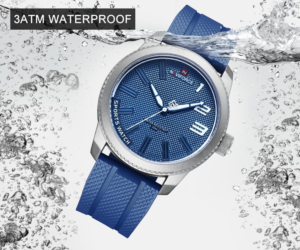 NAVIFORCE Sport Waterproof Watches for Students Boys Men, Silicone Band Watch with Second Hand, Blue, sport