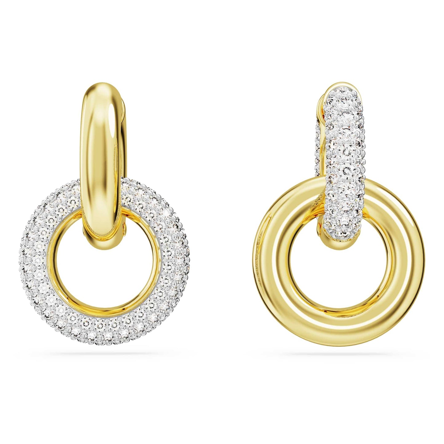Swarovski Dextera hoop earrings, Asymmetrical design, Interlocking loop, White, Gold-tone plated