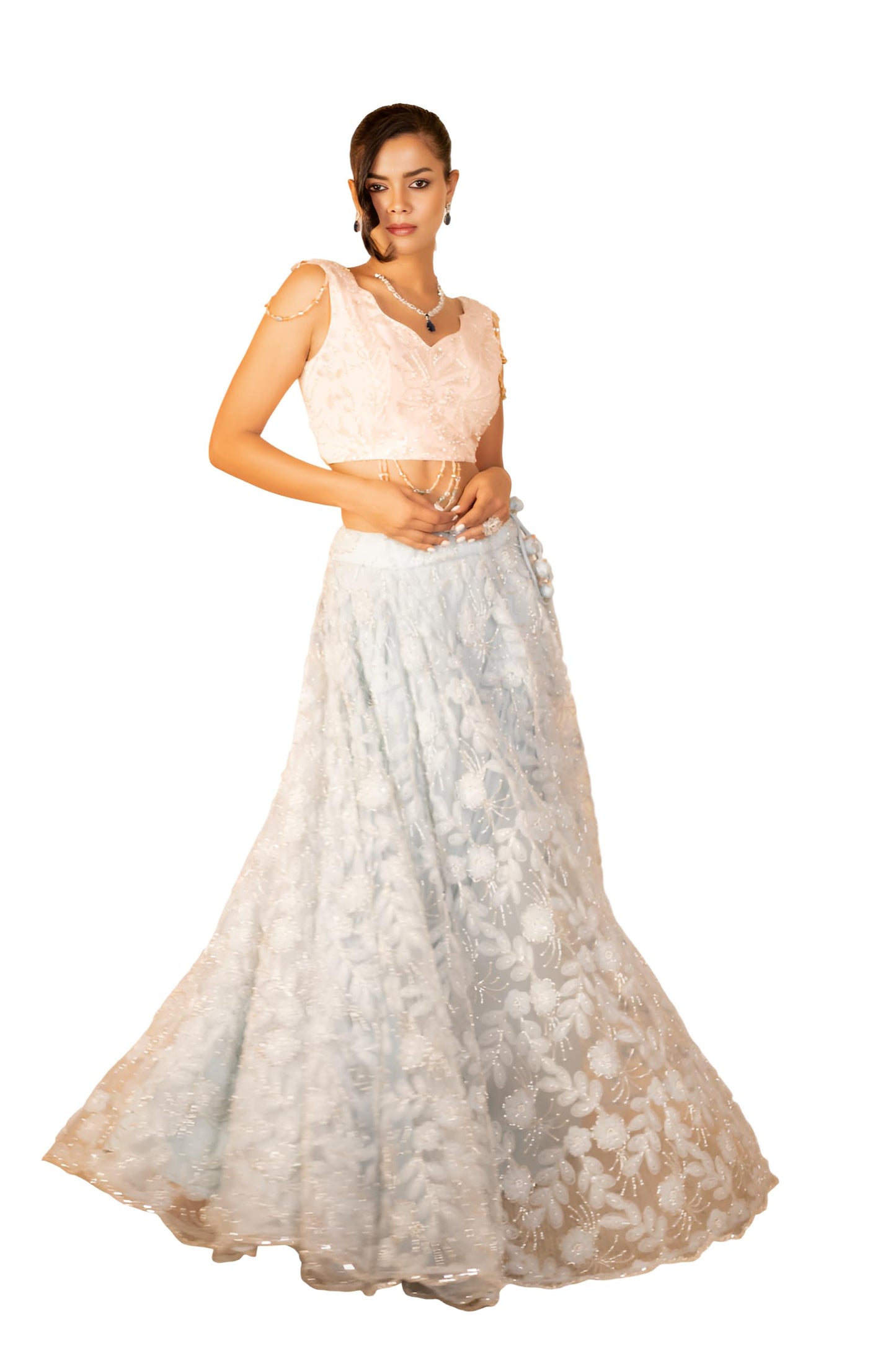 The Behruz Theory Mint & Peach 3D Embroidered Ensemble Lehenga | Net Fabric Lehenga | Party wear dress for women | Perfect for your special occasions | Traditional and stylish Lehenga set for women