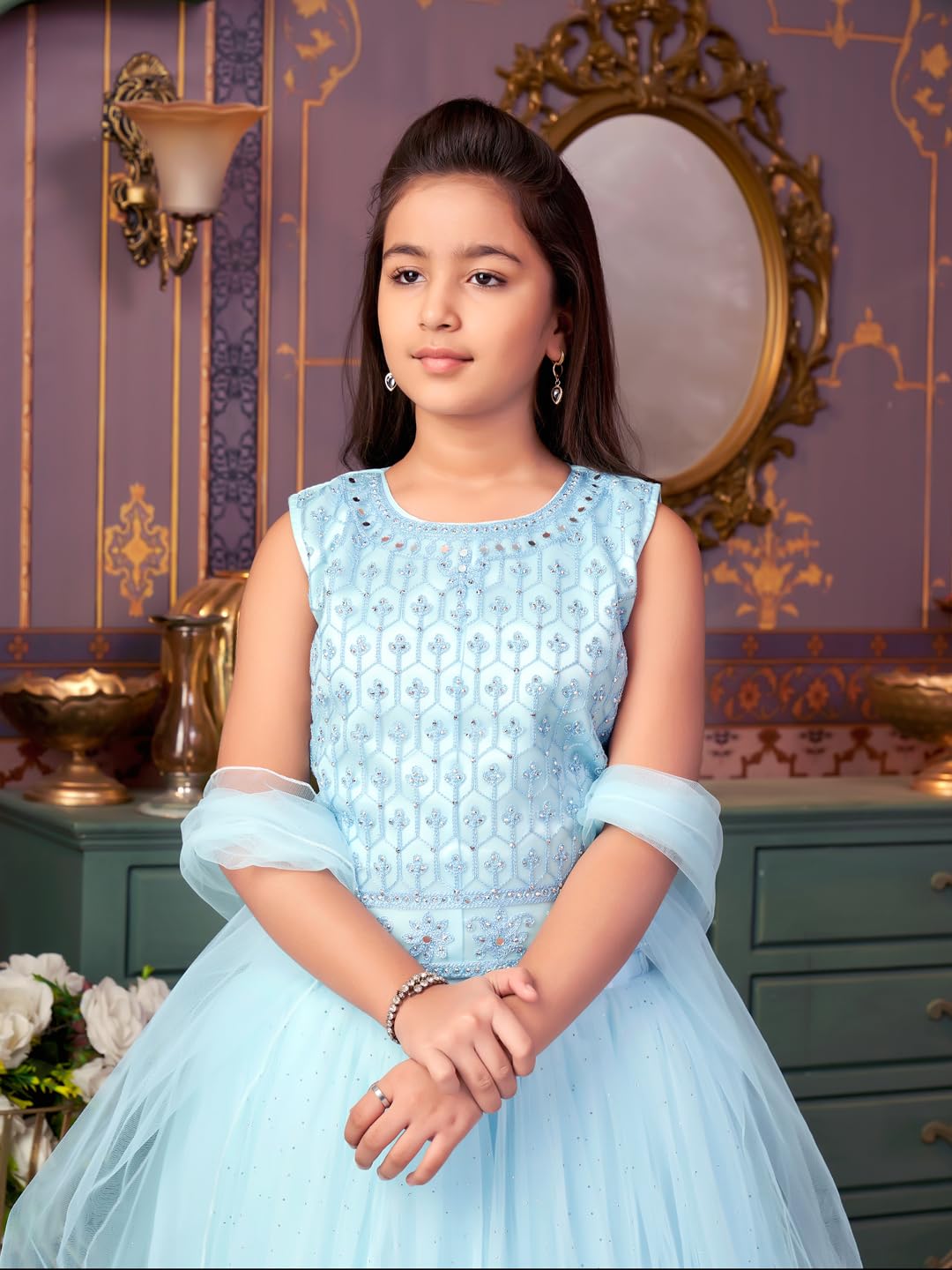 Aarika Girls Ethnic Wear Turquoise Colour Mirror Embroidery Net Lehenga Choli Set With Dupatta-3-13 Years (LCH-18273)