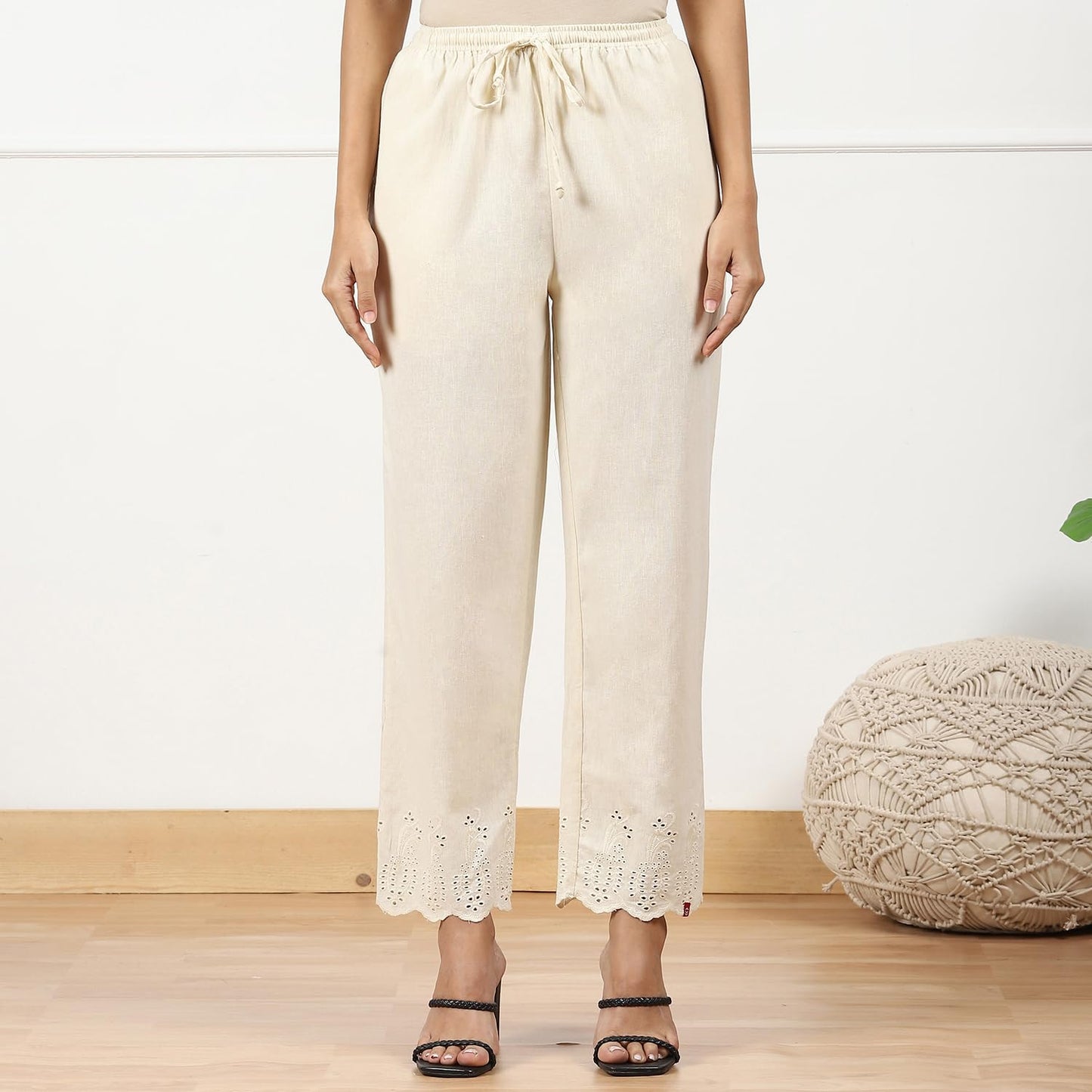 BIBA Women Mid Rise Solid Straight Bottom WEAR(Bottom W16946_Natural_L)