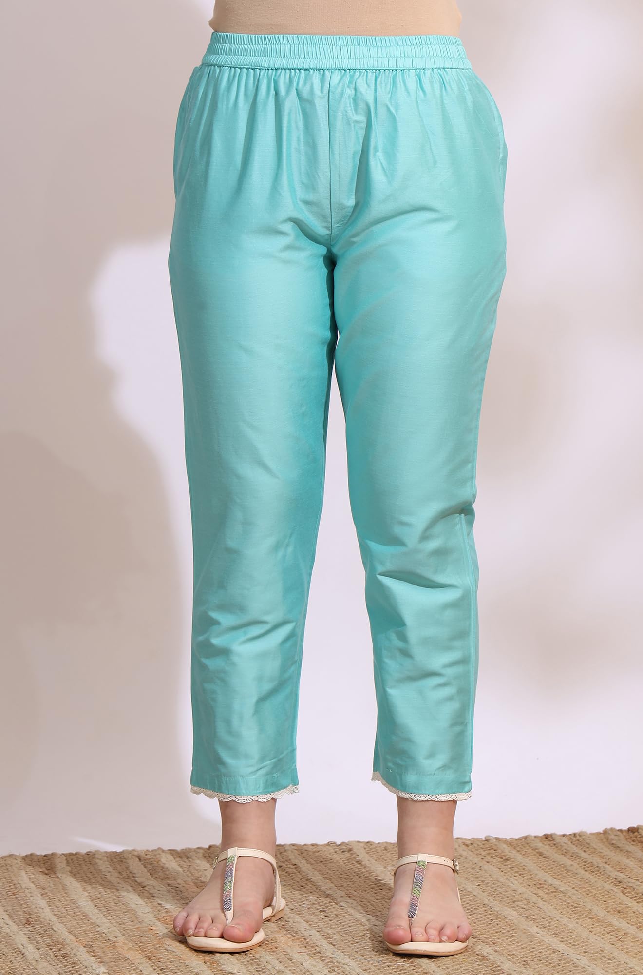 W for Woman Turquiose Blue Schiffli Embroidered Straight Kurta, Pants and Dupatta Set (Size: M)-WS12329-400786