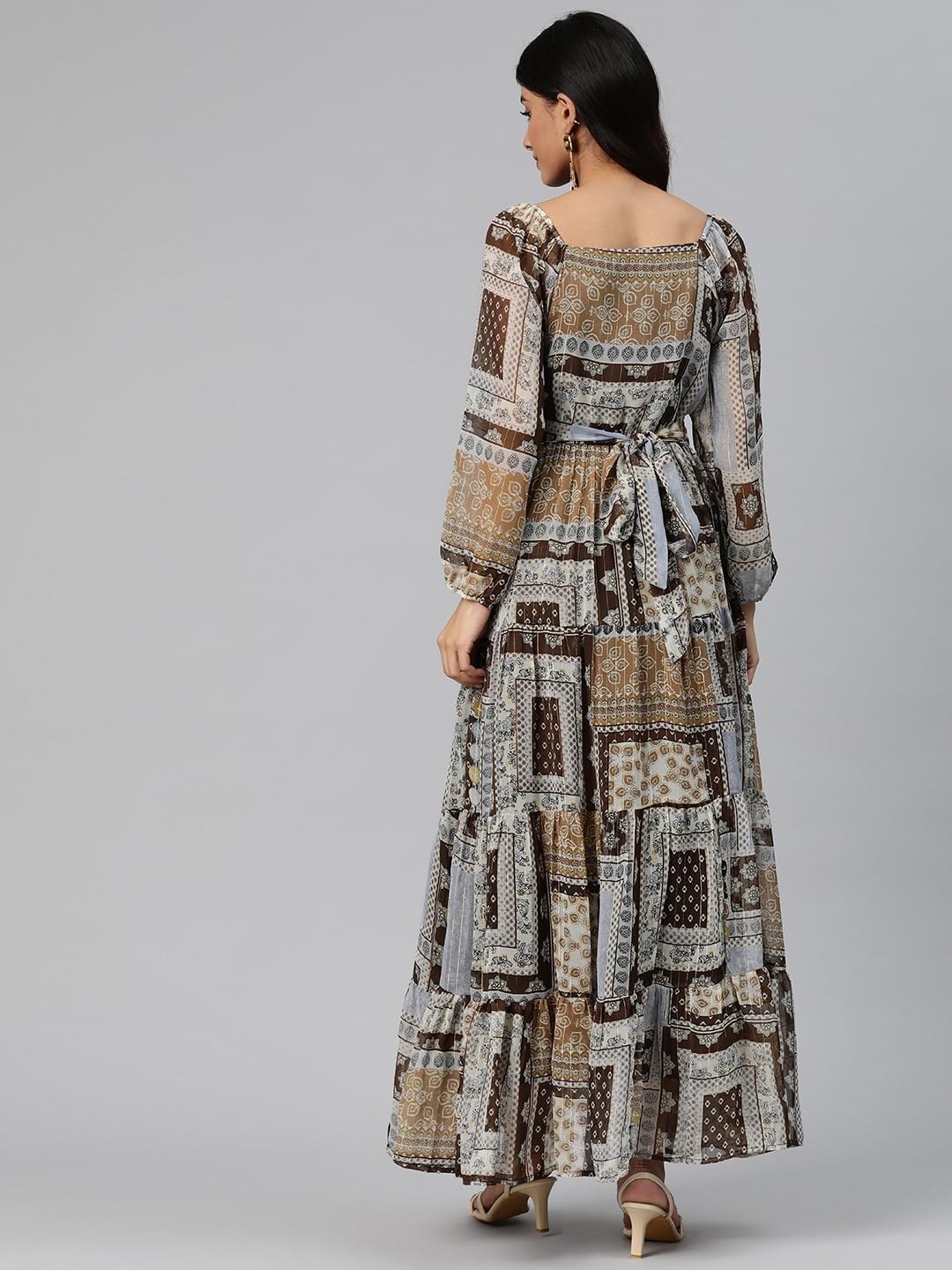 Cottinfab Women Brown Ethnic Motifs Print 3/4 Puff Sleeve Georgette Maxi Dress