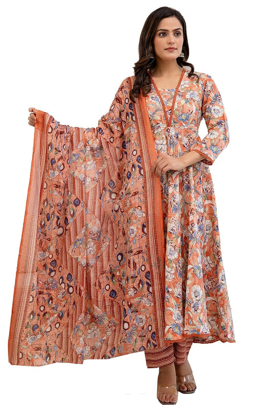 PARTHVI Women's Printed Cotton Anarkali Kurta and Pant with Dupatta Set (6X-Large Peach)