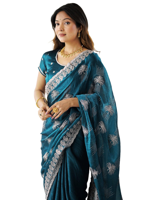 SIRIL Women's Simmer Chiffon Embroidery Saree With Unstitched Blouse Piece (4488S232_Teal Blue)