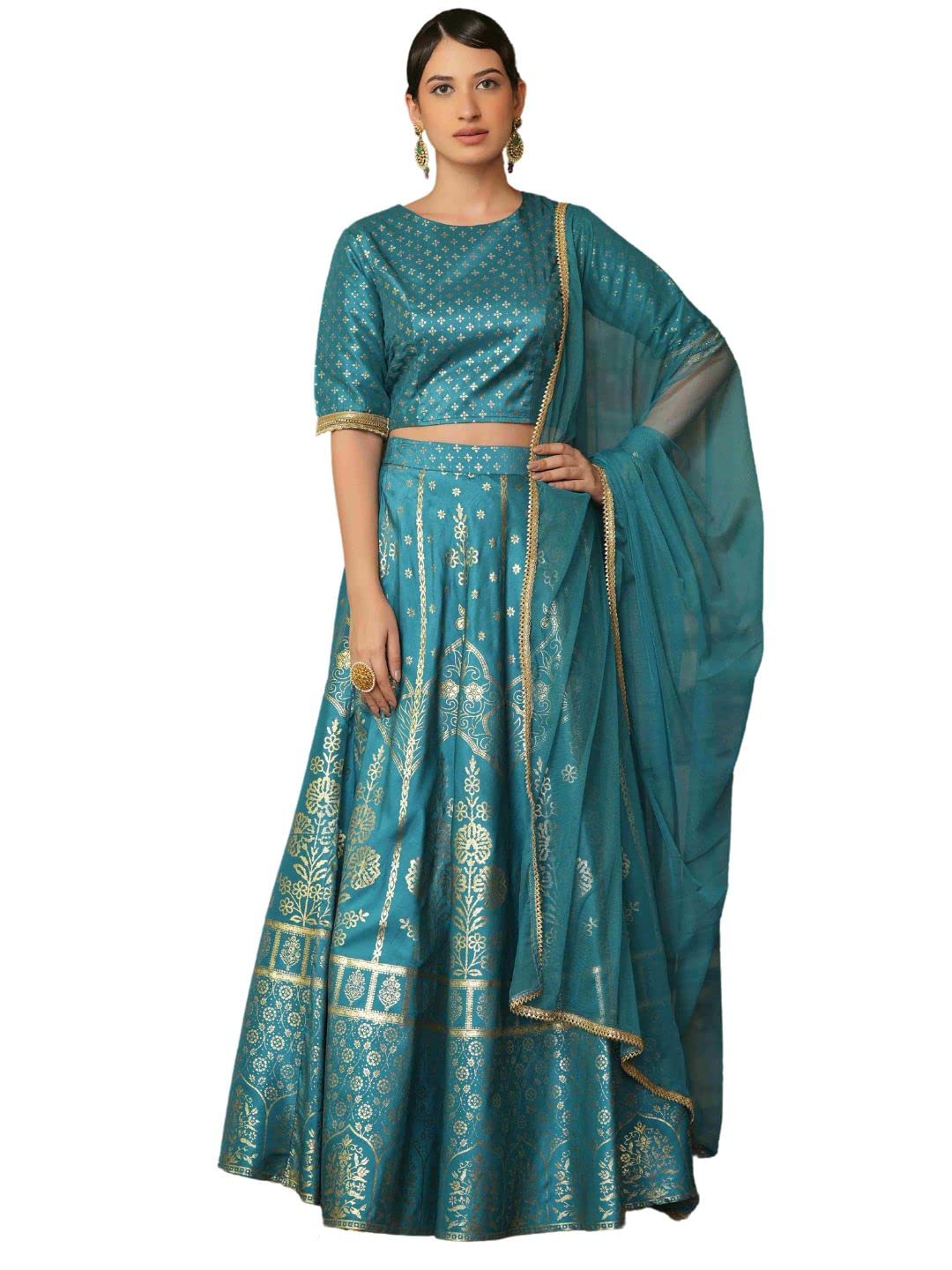 Juniper Women's Teal Santoon Slub Festive Foil Printed Straight Lehnga Choli Set -XXL