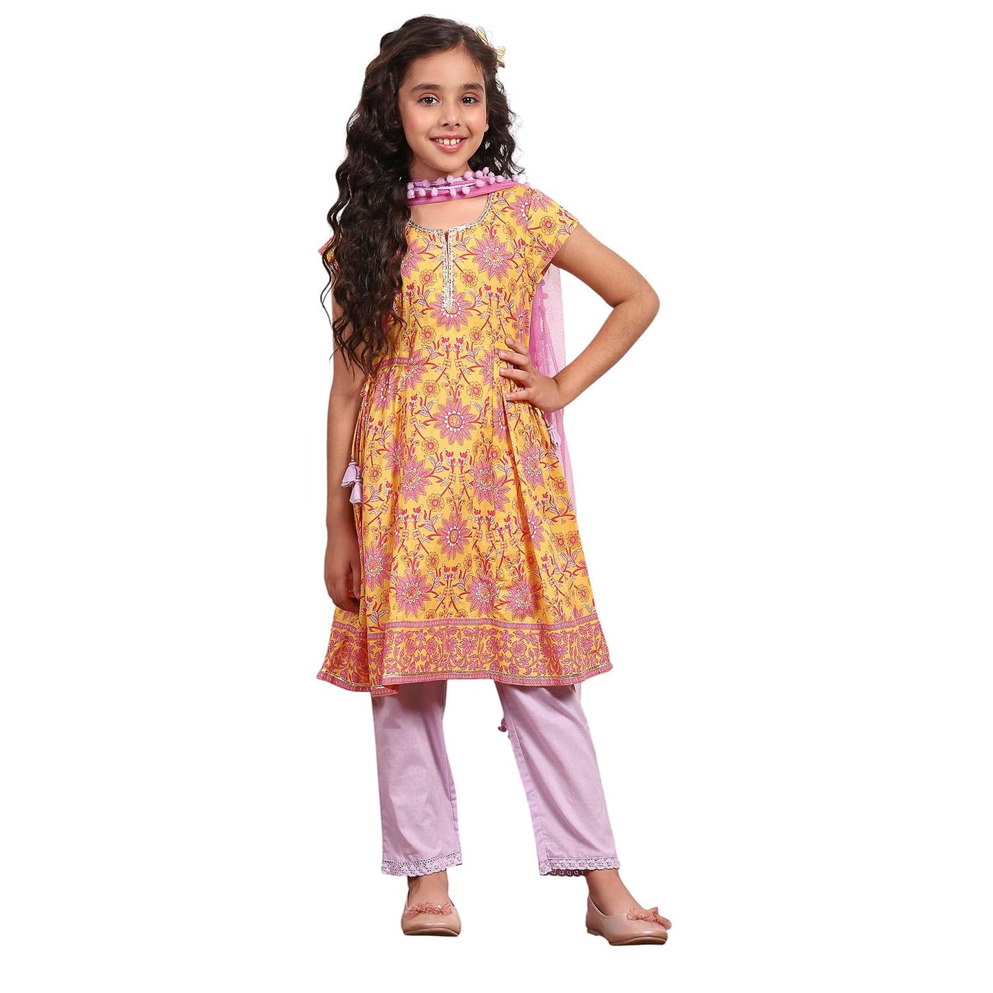 Biba Girl's Yellow Cotton Flared Printed Suit Set